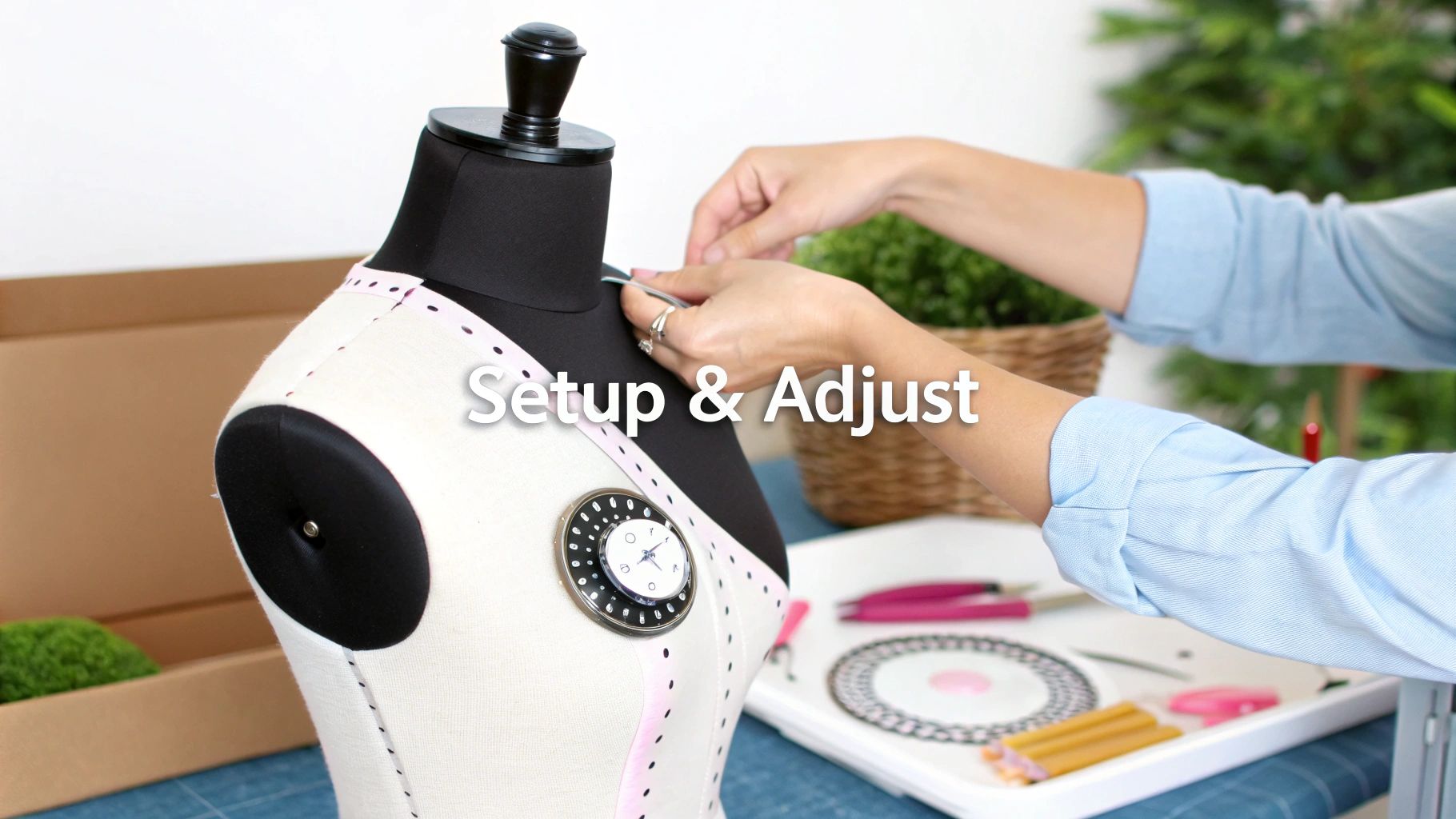 Hands adjusting a light-colored dress form with a measurement dial, setting it up for tailoring.