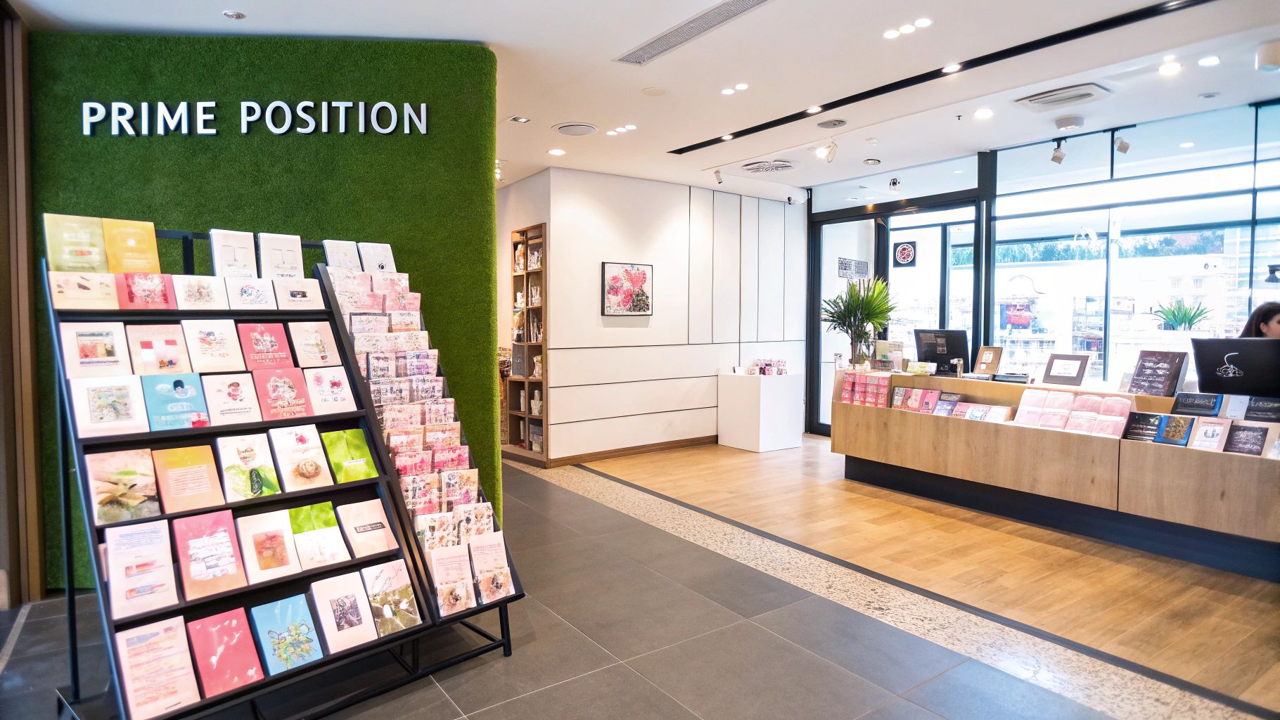 A well-placed greetings card display rack in a brightly lit retail store