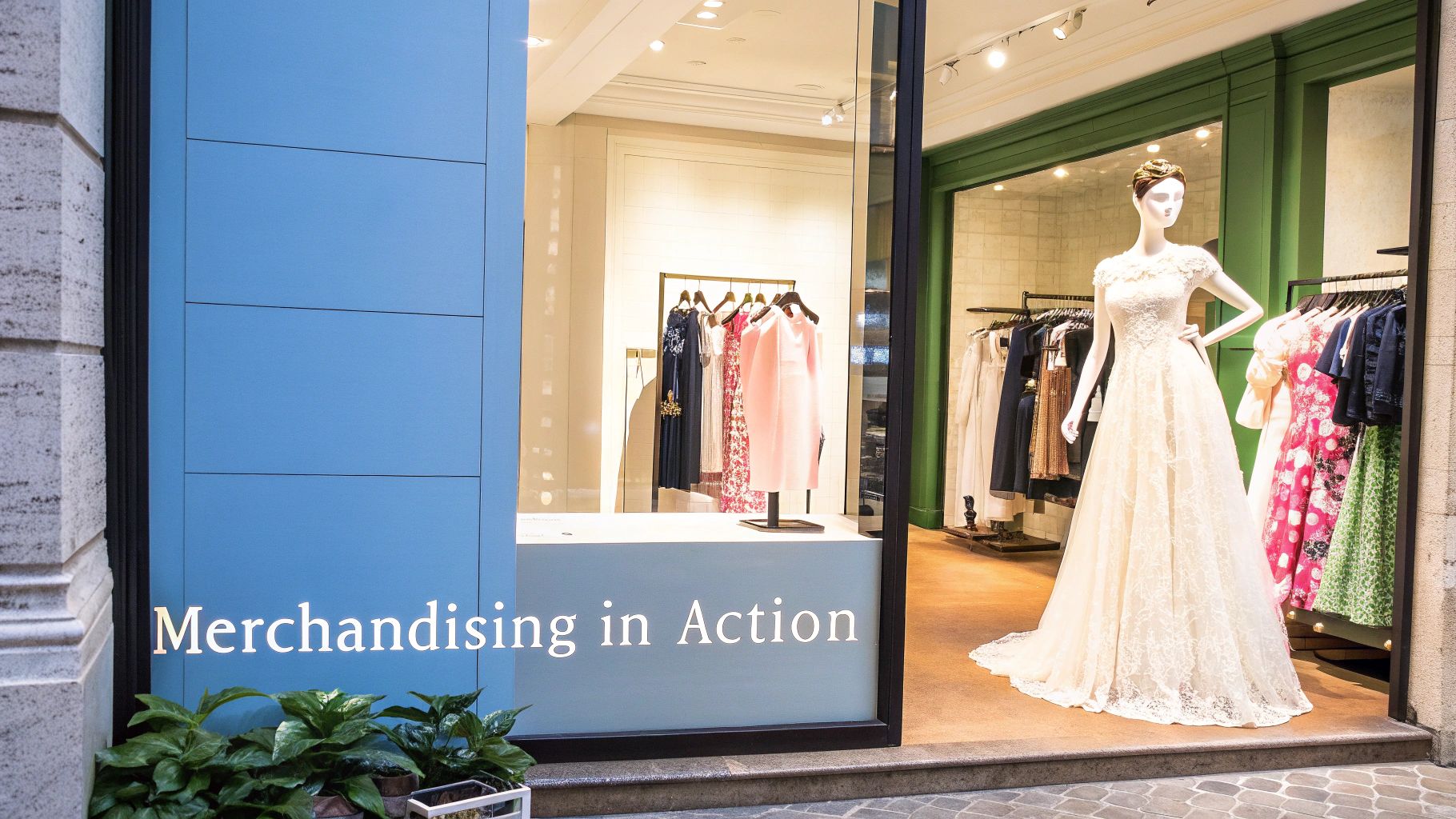 A retail store window displays various dresses, a mannequin in a white lace gown, and a "Merchandising in Action" sign.