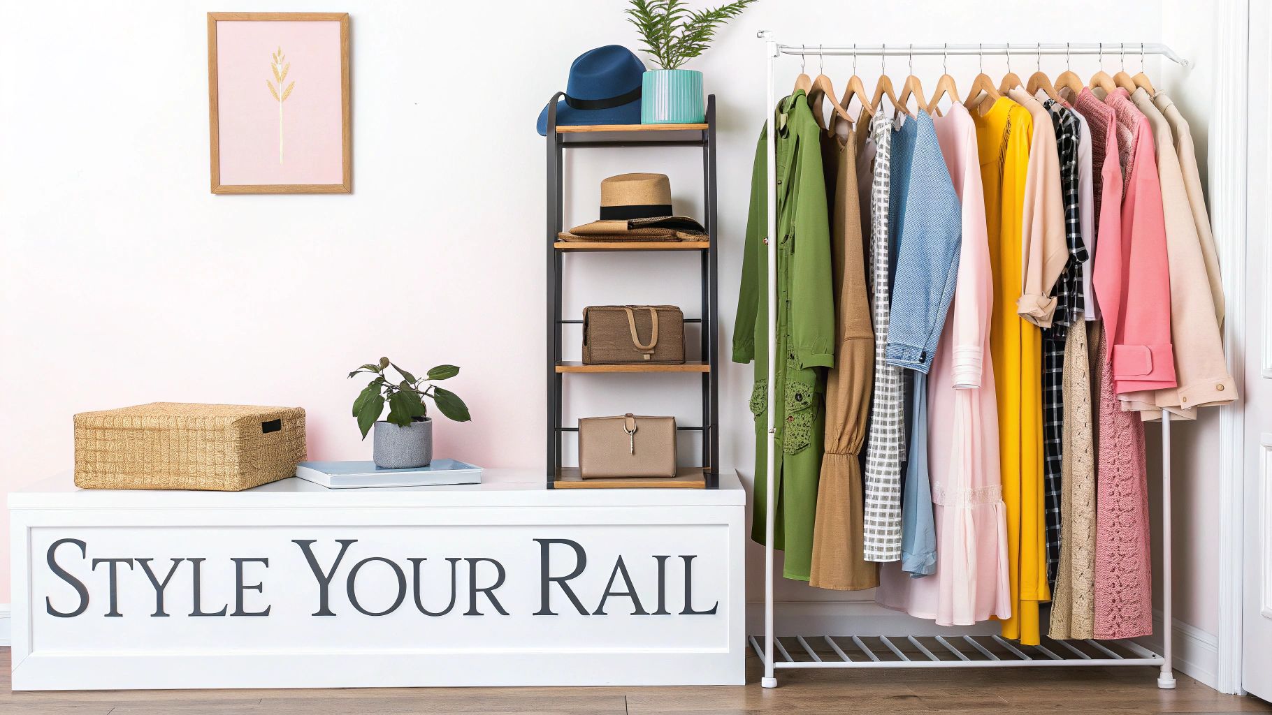 Colorful clothes on a white clothing rail, a shelf with hats and bags, and a 'STYLE YOUR RAIL' bench.