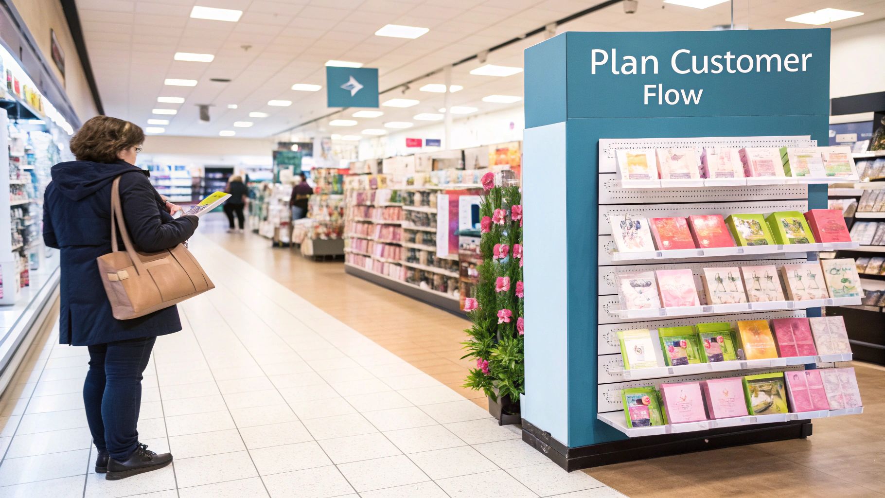 Customer shopping in retail store with plan customer flow signage and greeting card display rack