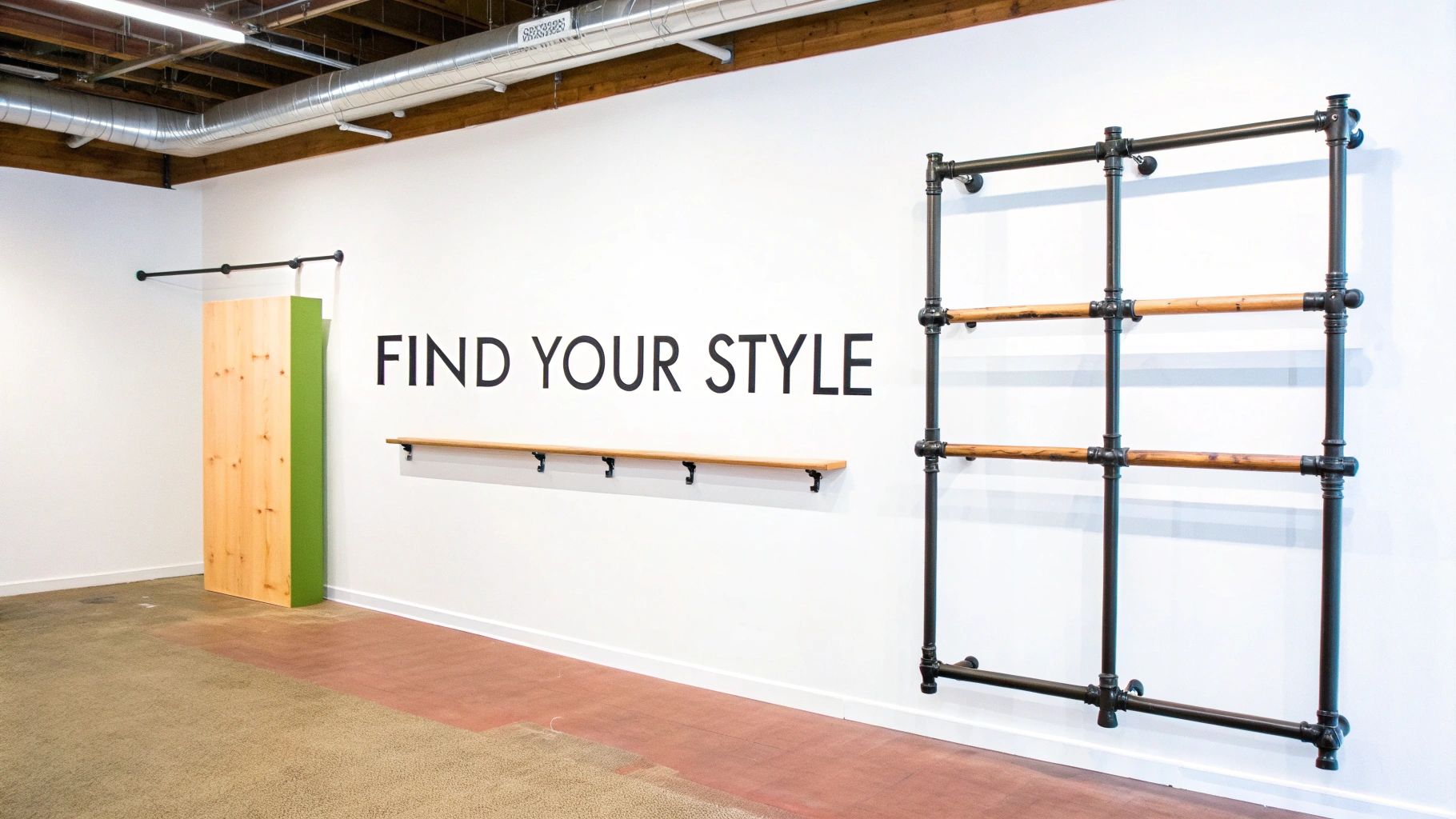 A modern clothing wall rack featuring a shelf, holding a few plants and folded garments, with clothes hanging below.