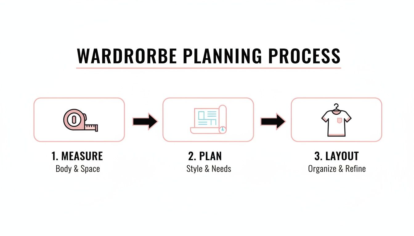 A visual guide illustrating the wardrobe planning process, outlining steps to measure, plan, and layout your clothing efficiently.