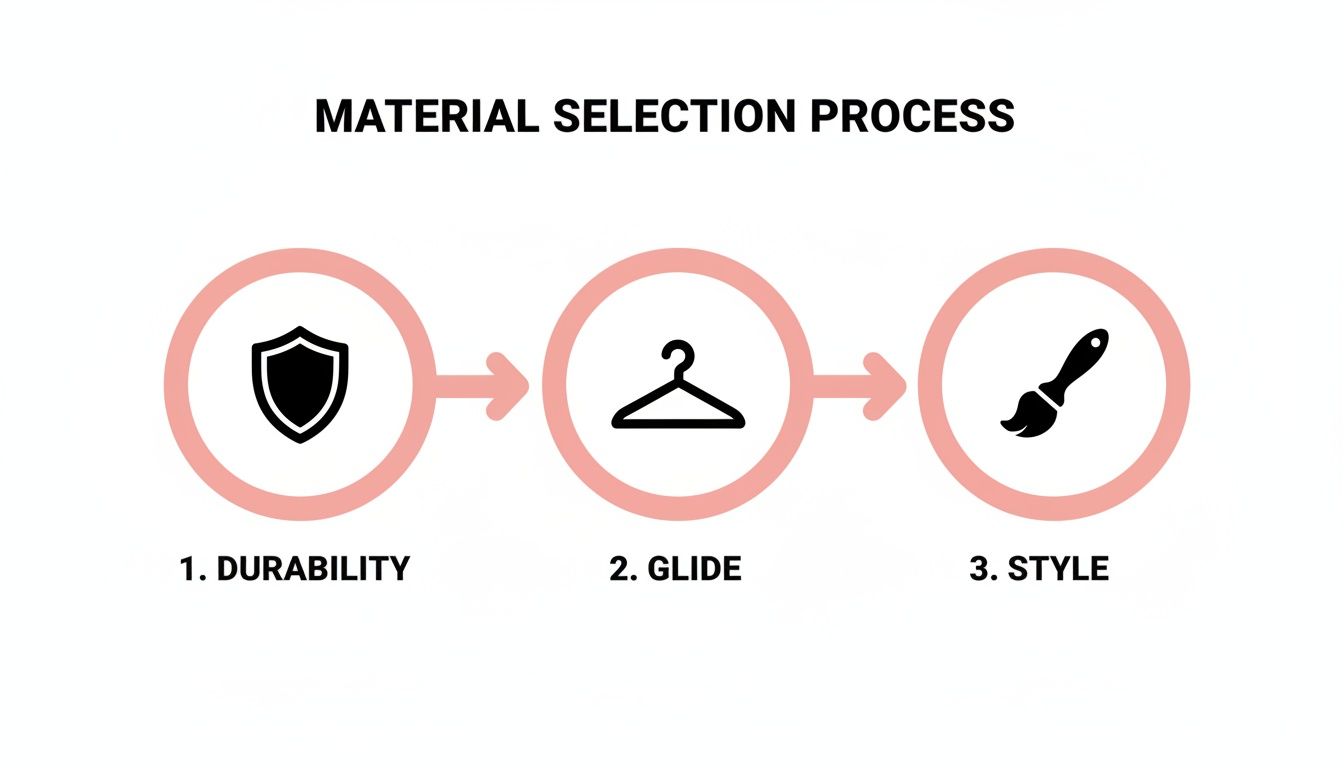 Infographic showing the material selection process with three steps: durability, glide, and style.