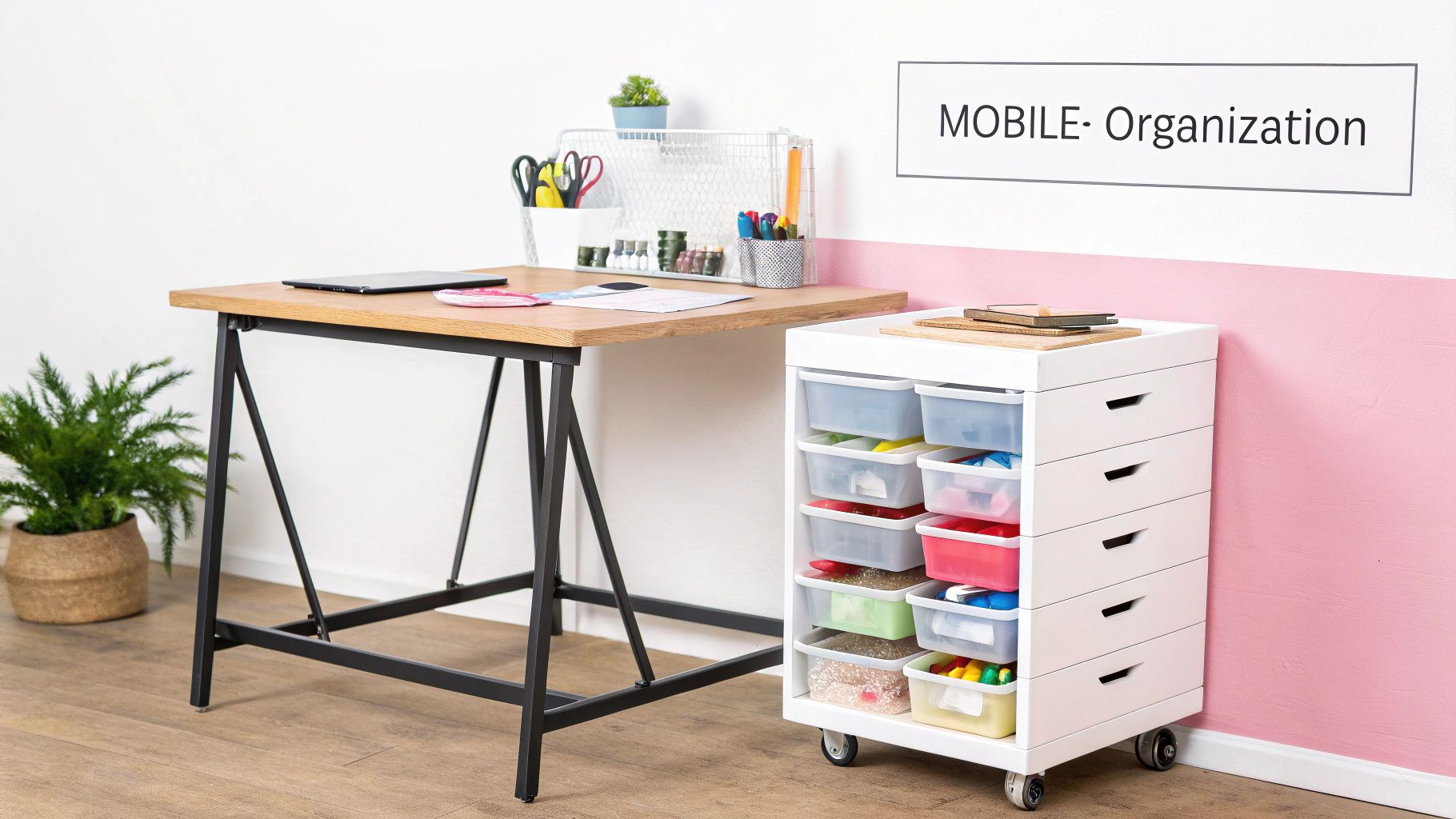 A well-organized craft space featuring a wooden desk and a white mobile storage trolley with clear drawers.