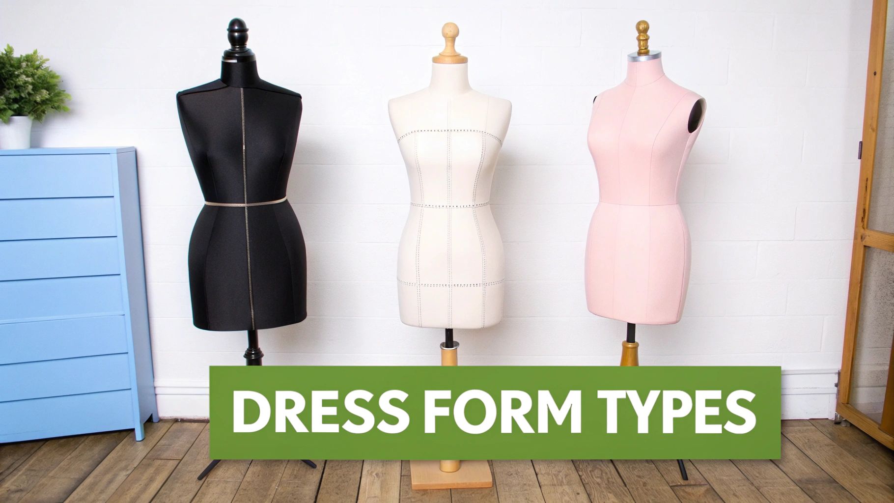 Three adjustable dressmaker forms in black, cream, and pink, displaying diverse designs.