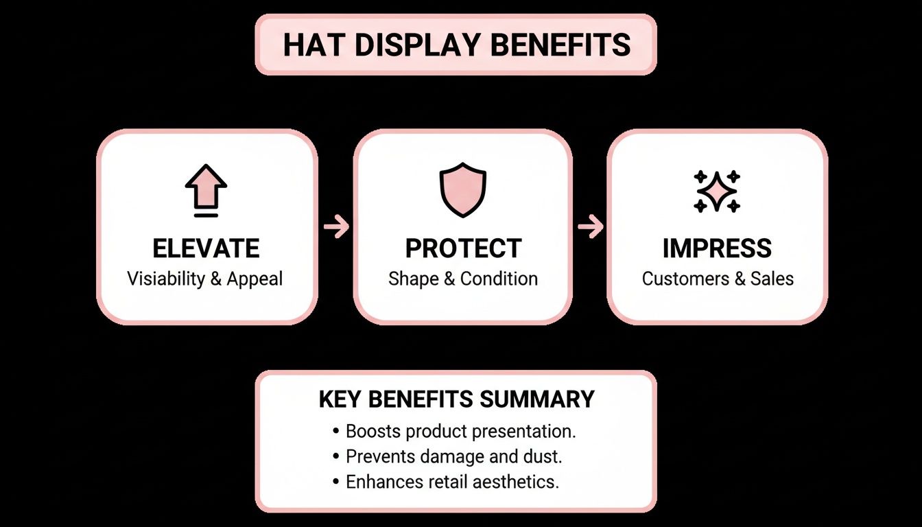 Diagram outlining hat display benefits: elevate visibility, protect shape, impress customers, and key summary.