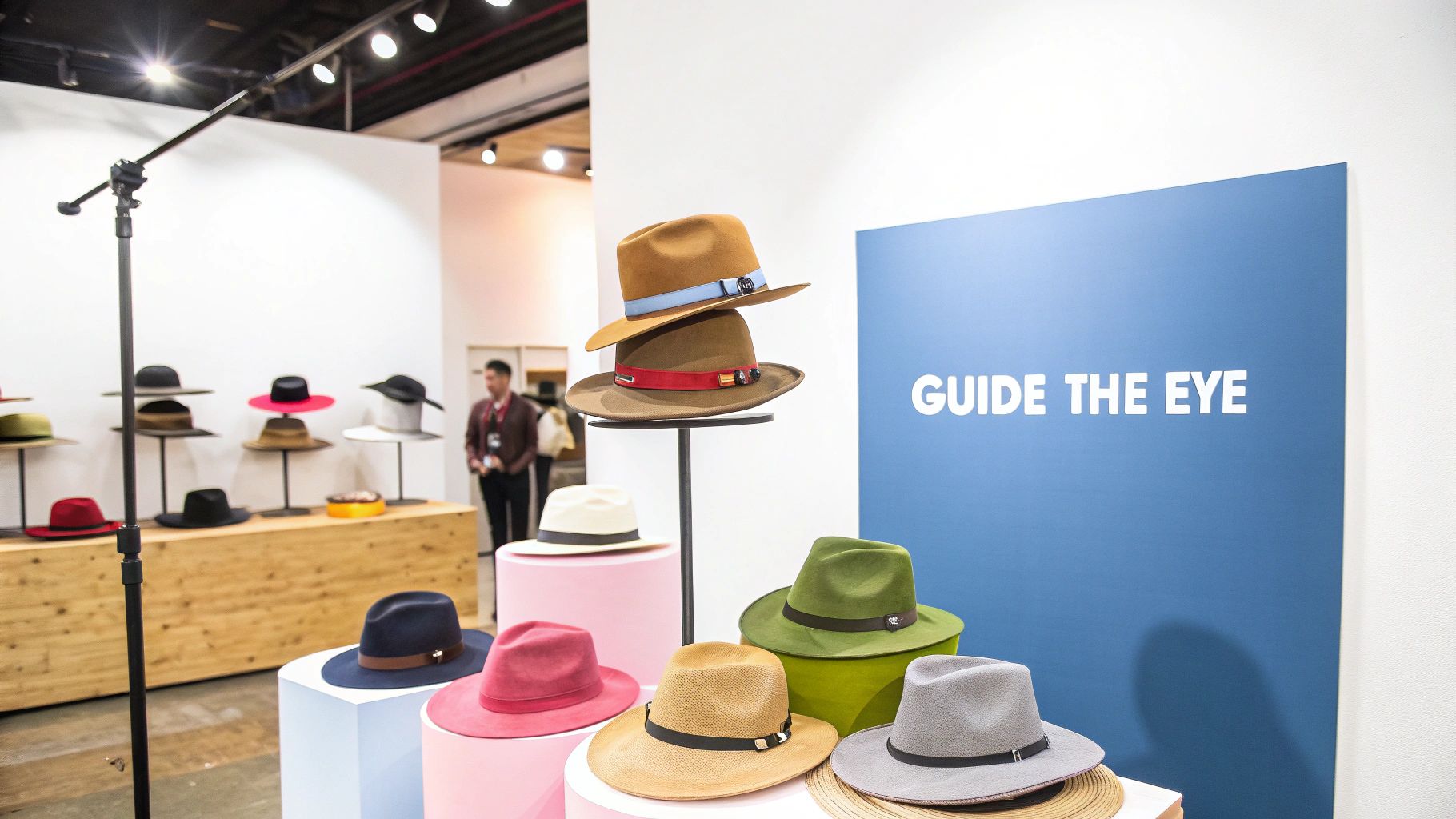 Colorful fedora and panama hats displayed on modern geometric pedestals at retail trade show booth