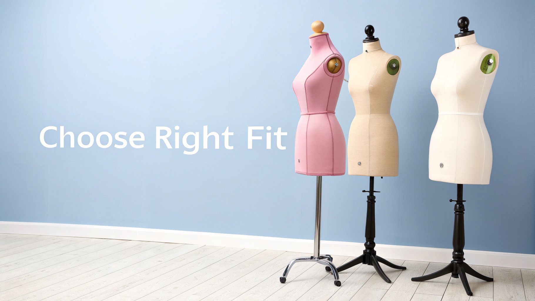 Three adjustable dress mannequins in pink, beige, and cream, suggesting choices for the right fit.