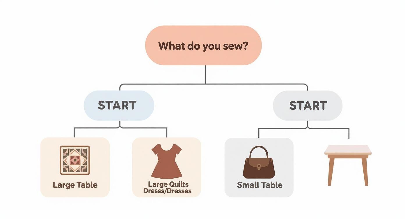 Flowchart illustrating sewing projects like quilts, dresses, and bags, and their corresponding table sizes.