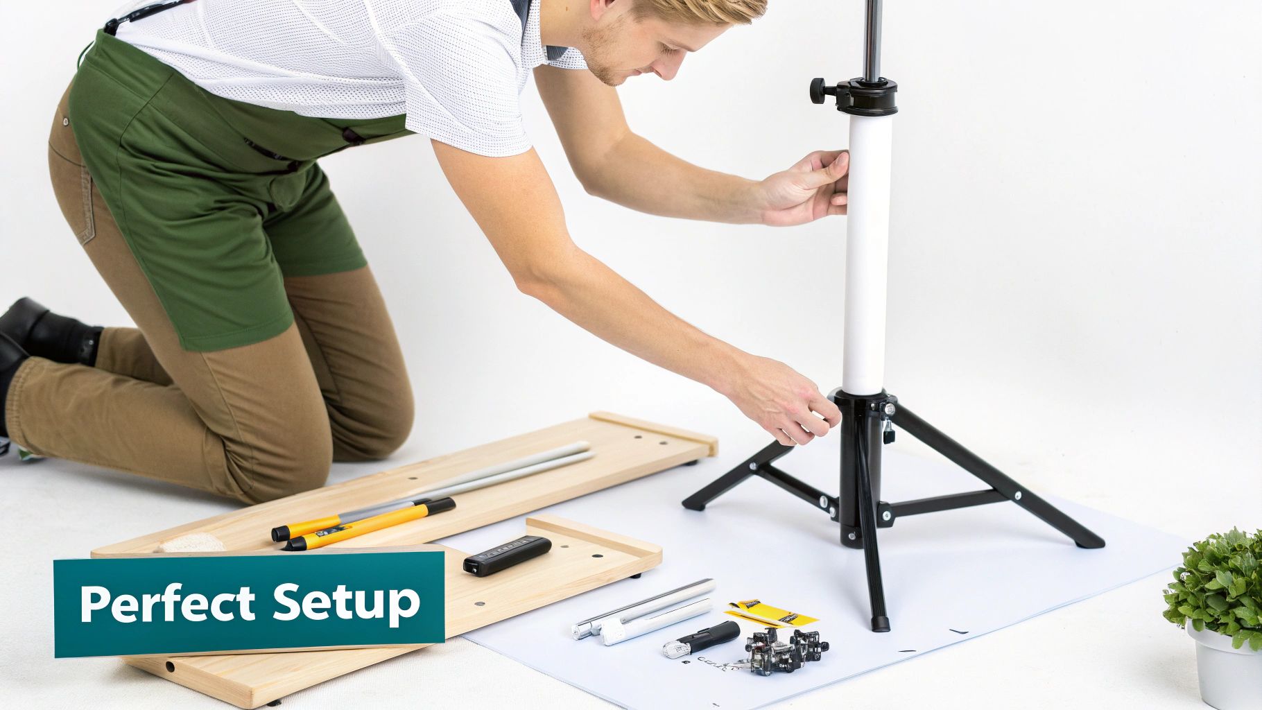 A man in an apron kneels, assembling a white and black tripod stand with tools.