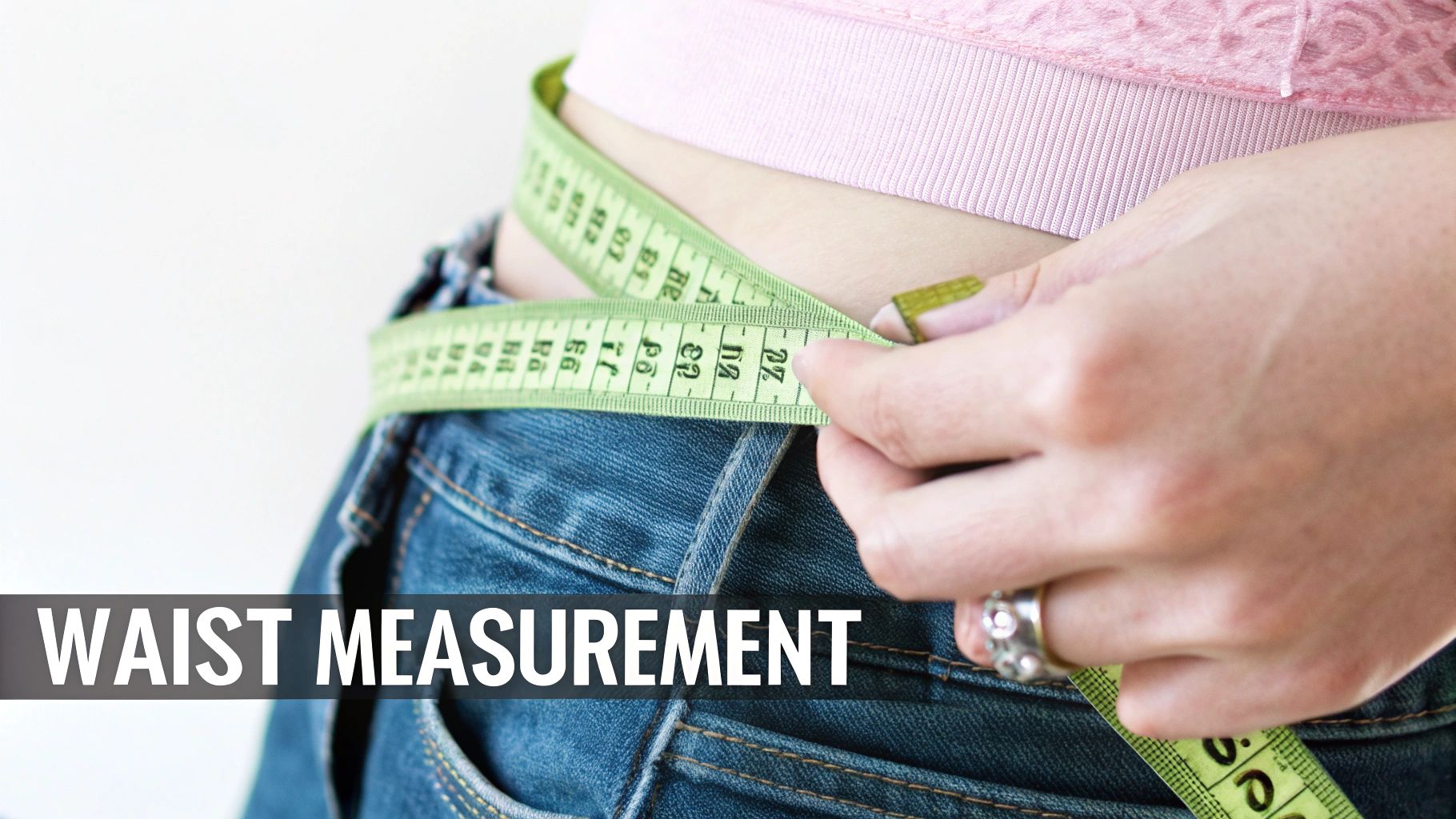 A person measuring their upper body with a flexible tape measure against a plain background