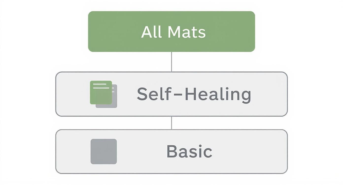 A hierarchical diagram categorizing mats, showing 'All Mats' at the top, branching to 'Self-Healing' and 'Basic' types.