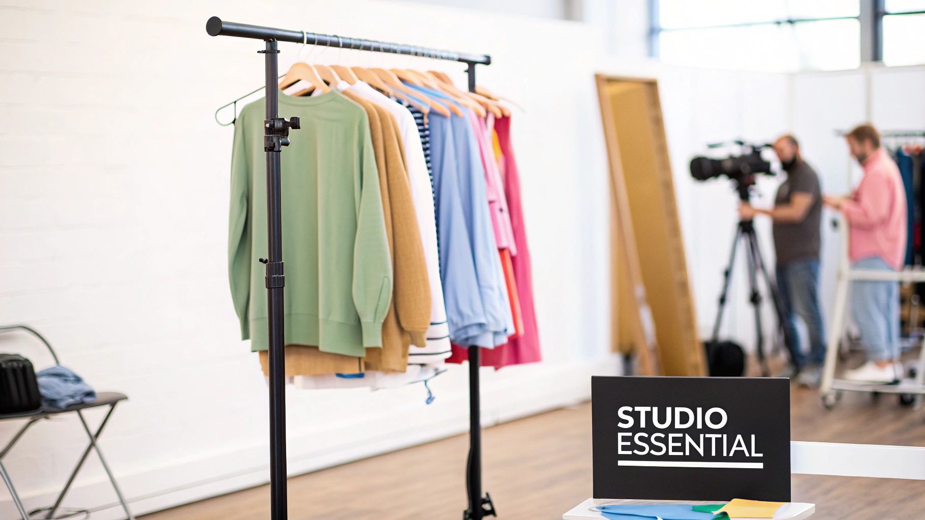 A clothing rail pole displays colorful clothes in a studio, with a camera crew and sign.