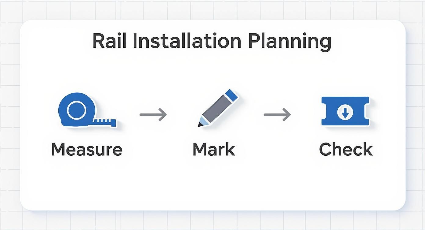 Three step rail installation planning process showing measure, mark, and check stages with icons