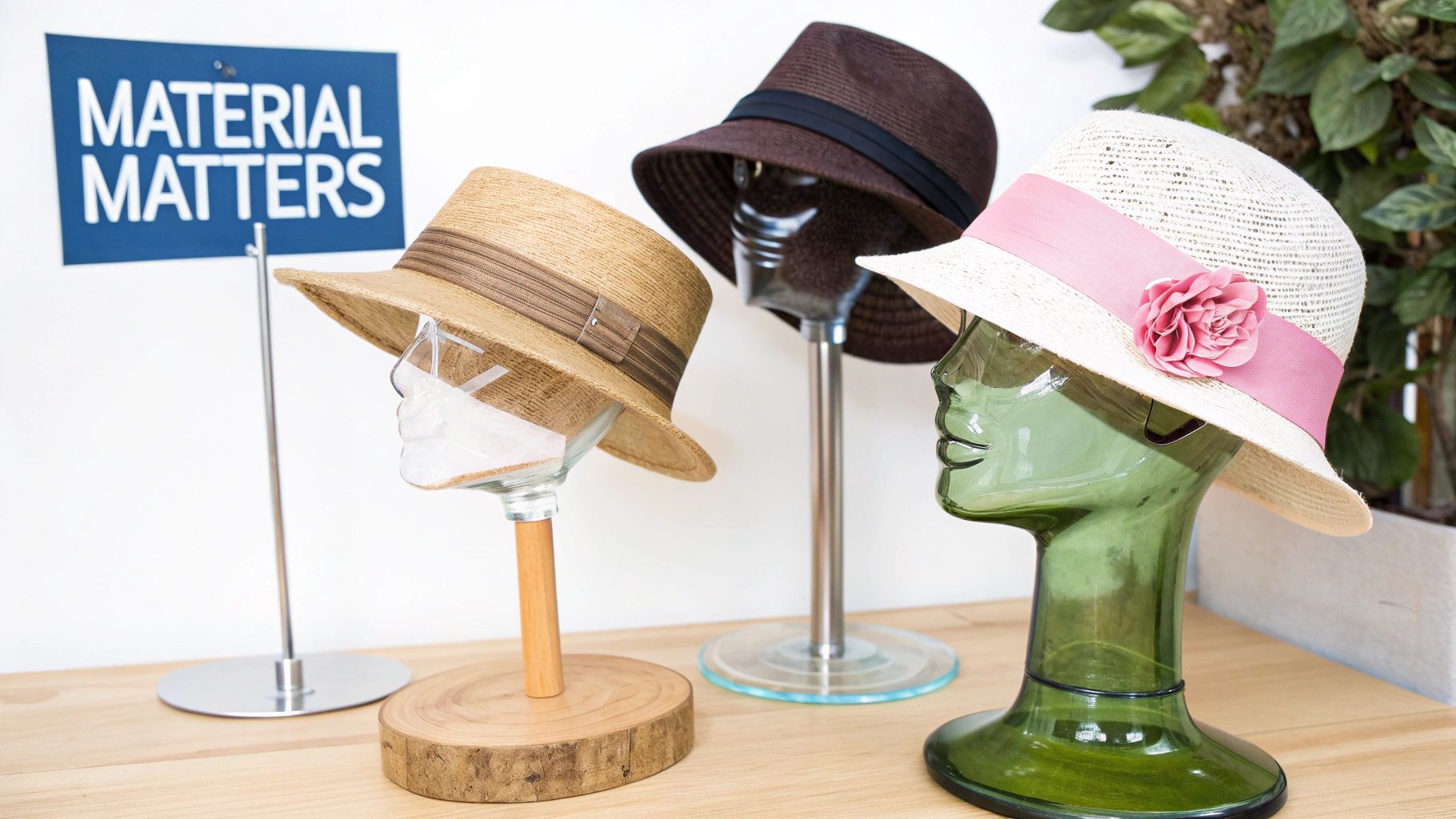 Three stylish hats on unique display stands, featuring straw and felt materials, with a sign in the background.
