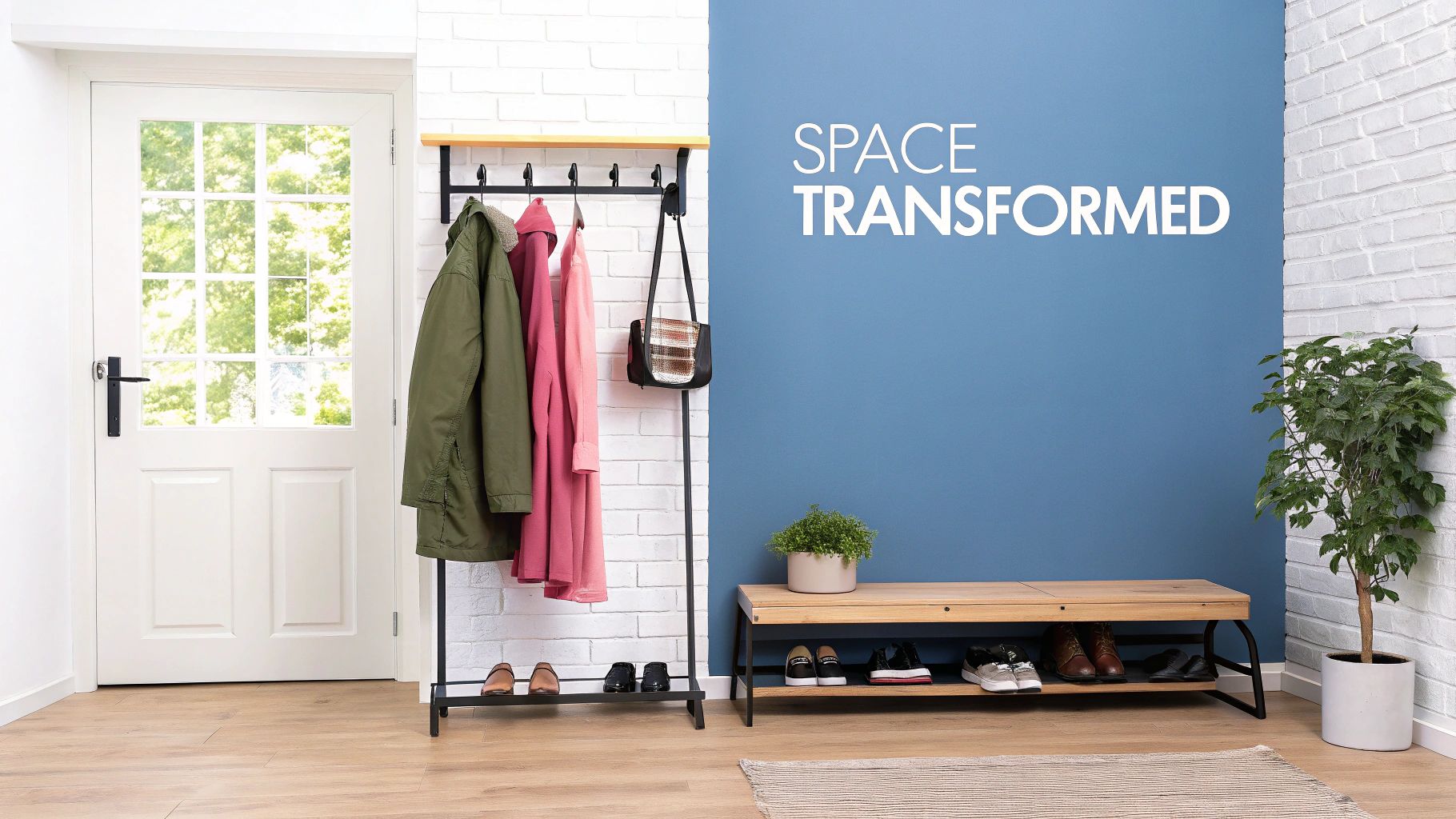 A minimalist wooden wall rack with neatly hung clothes against a white wall