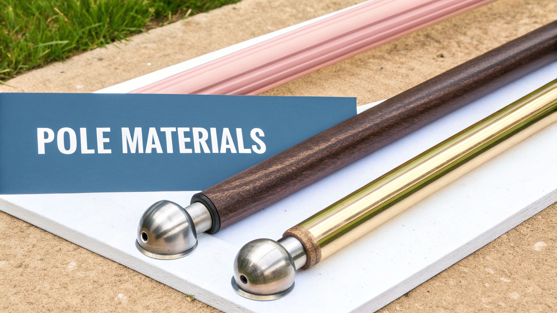 Various wardrobe pole materials displayed, including rose gold, dark wood, and polished brass with finials.