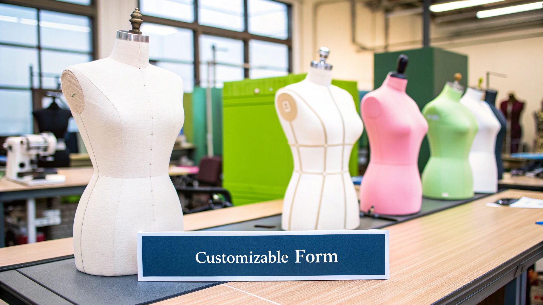 An adjustable sewing mannequin with its dials and height adjustment pole clearly visible.