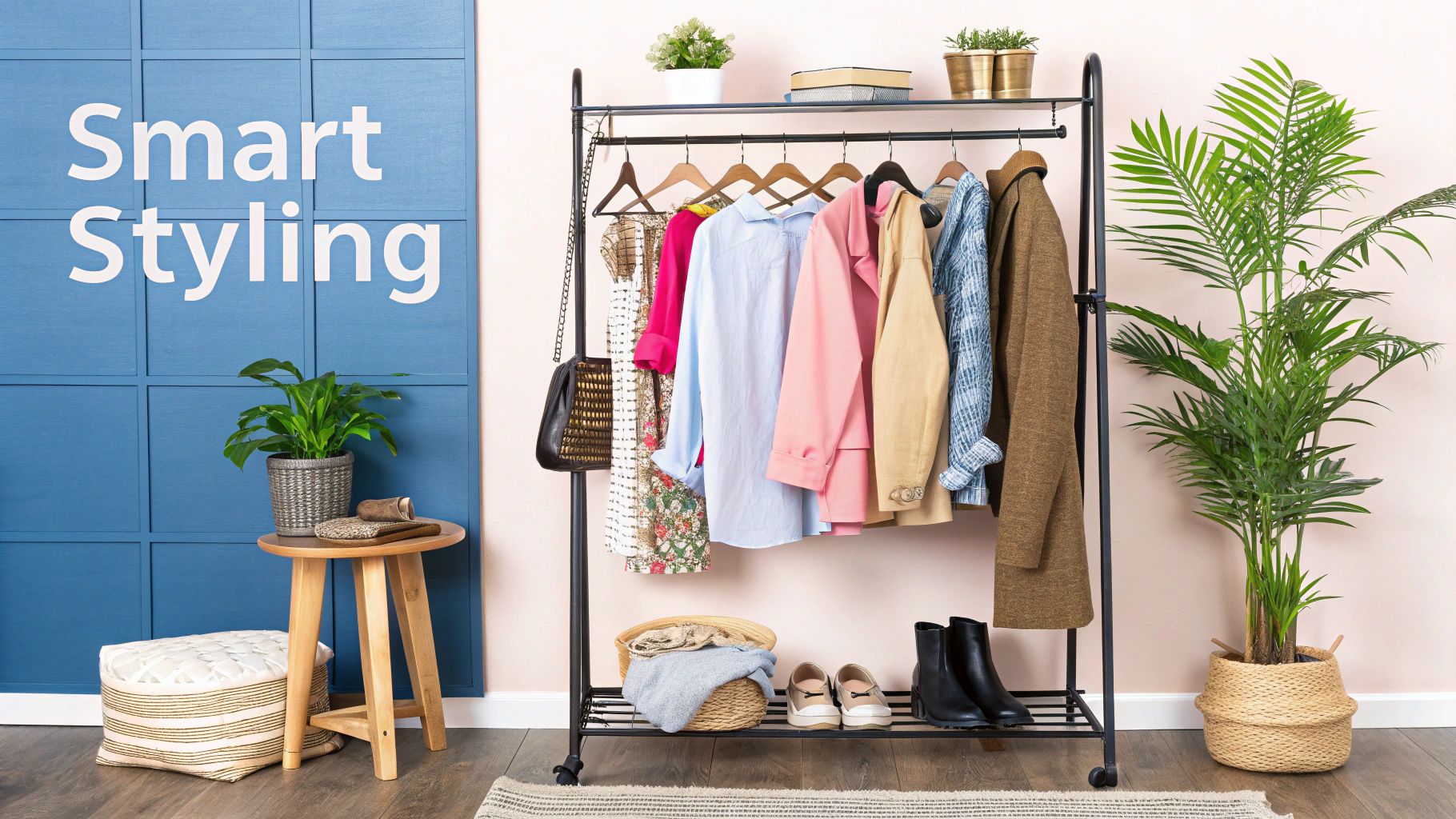 A well-styled wall rack displaying a curated selection of clothes and a small plant.