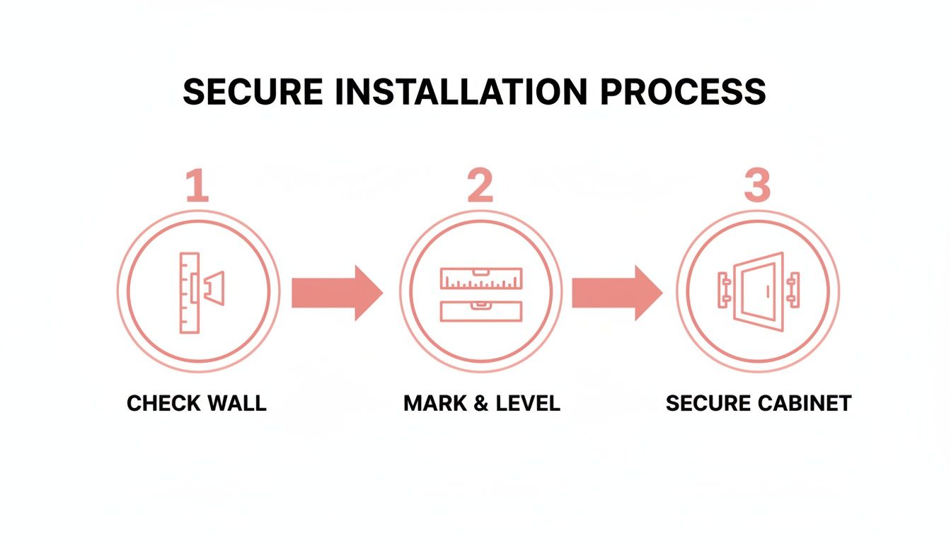 A three-step diagram illustrates the secure installation process: check wall, mark and level, and secure cabinet.