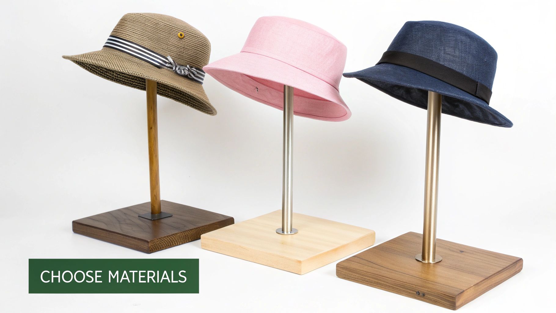 A collection of minimalist hat stands made of light wood, displaying various styles of hats in a modern, clean setting