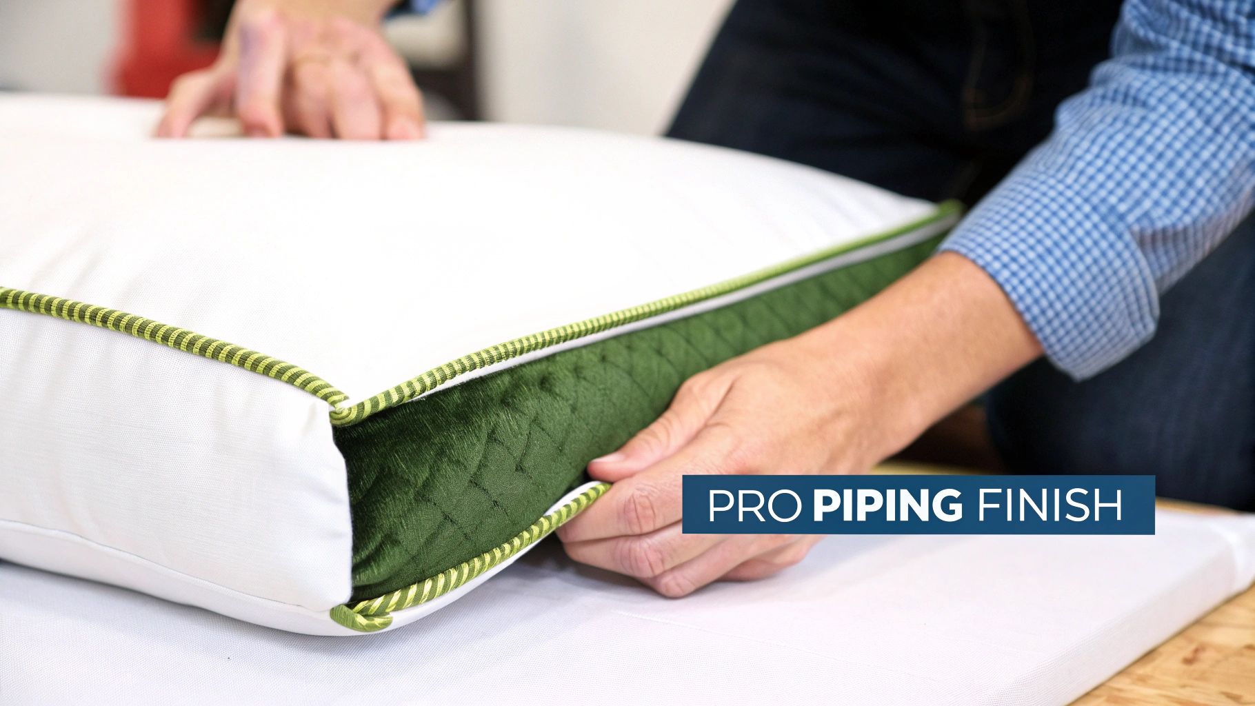 Close-up of hands adjusting a white pillow with professional green and yellow striped piping finish.