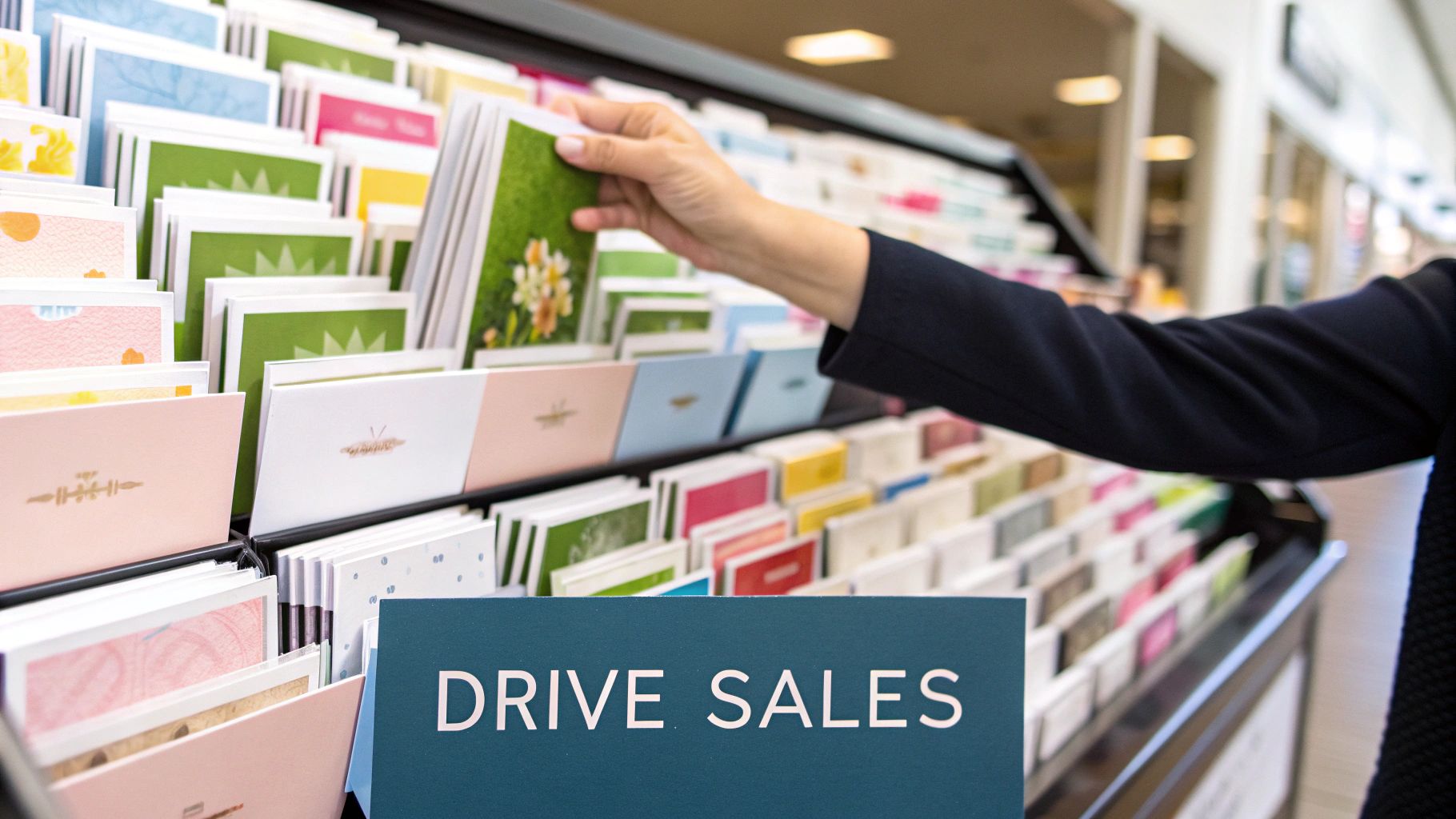 Person browsing colorful greeting cards on retail display rack with drive sales sign