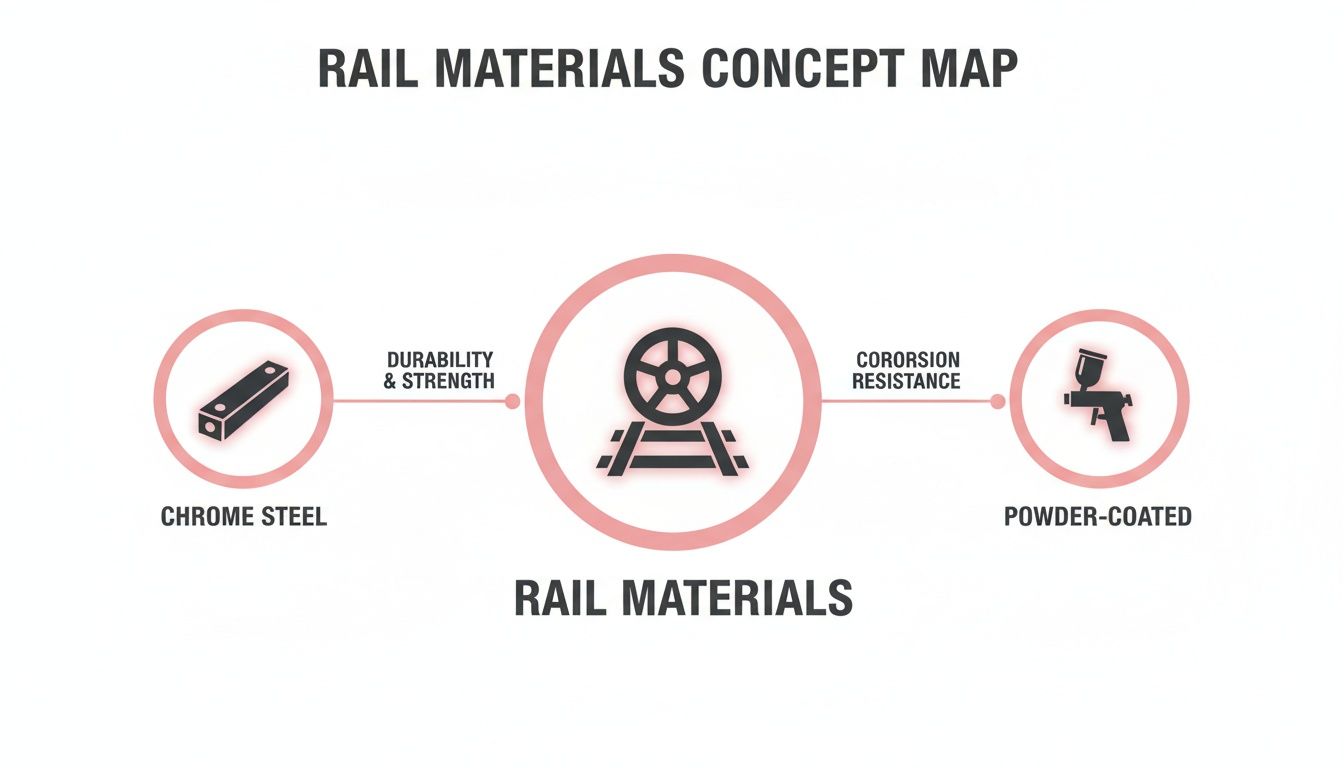 A concept map illustrating rail materials, showing chrome steel for durability and powder-coated for corrosion resistance.