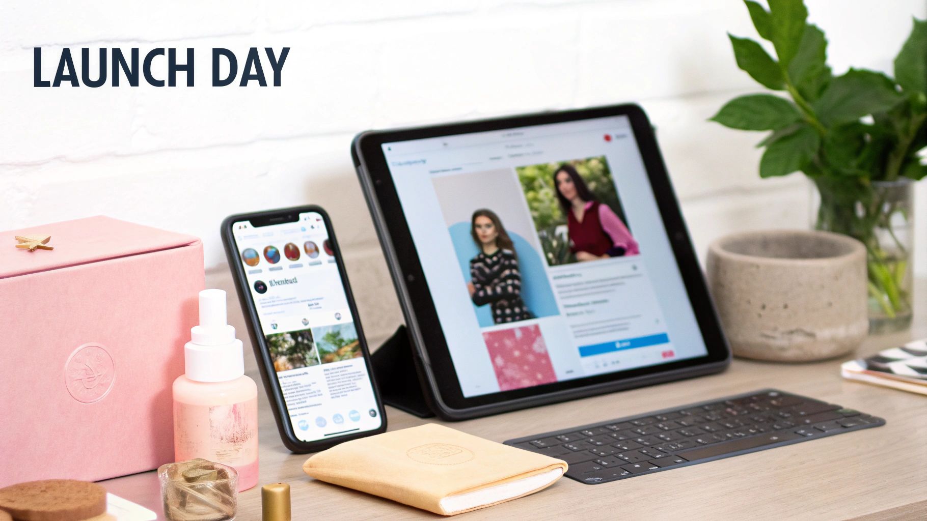 A creative workspace with a tablet and smartphone showcasing fashion models, ready for launch day.