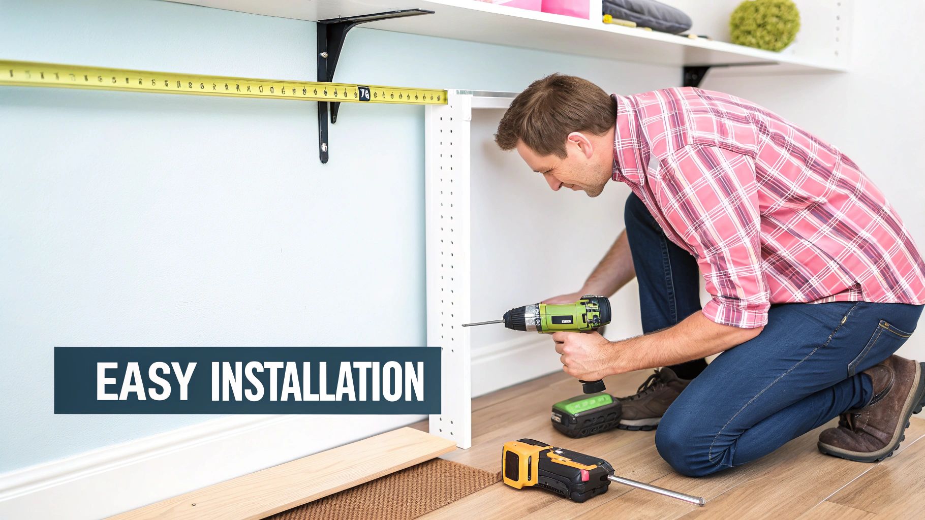 A close-up shot of a chrome clothes hanging pole being mounted onto a white wall with a power drill.