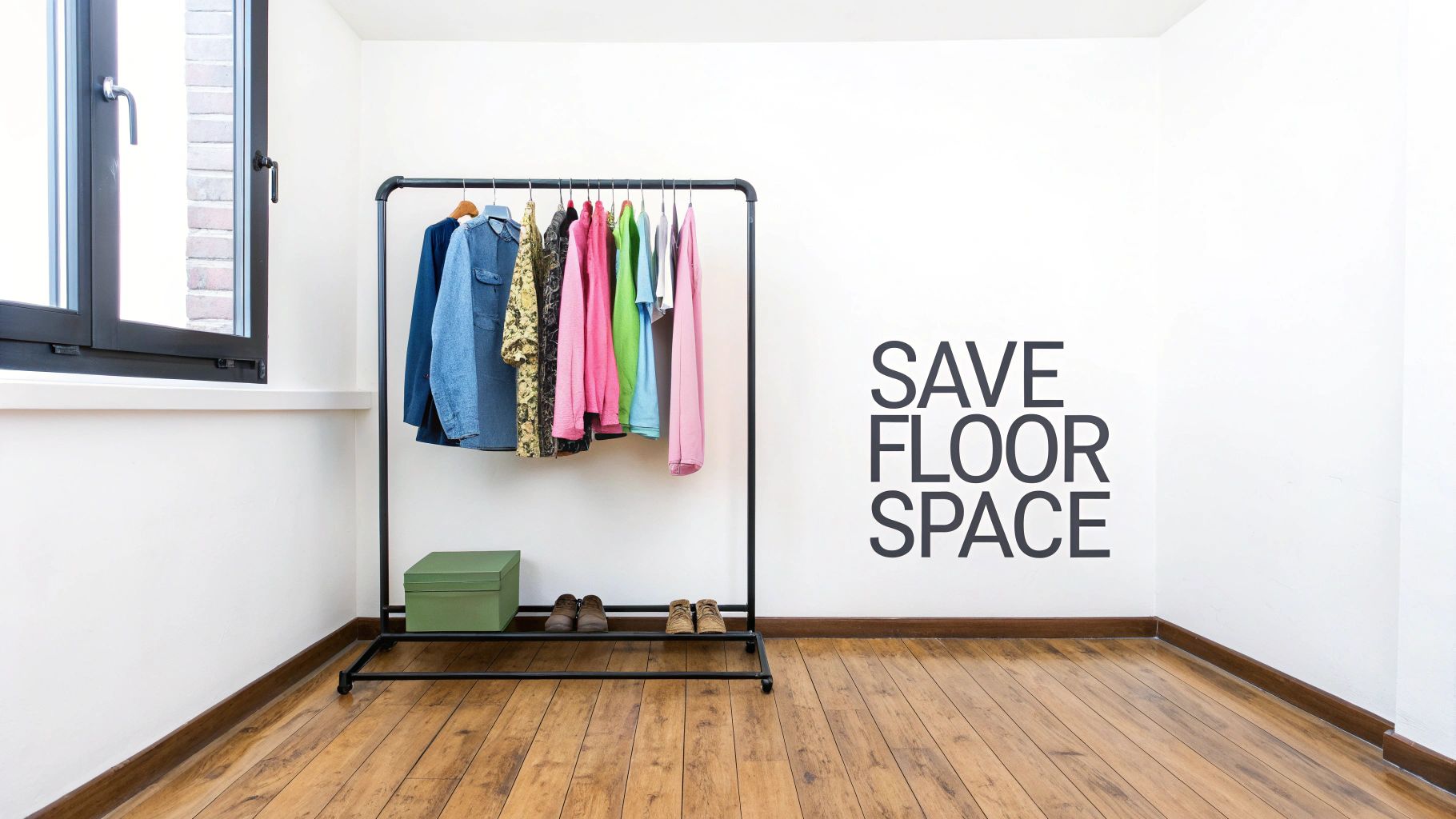 A minimalist clothing wall rack holding several garments against a clean, white wall.