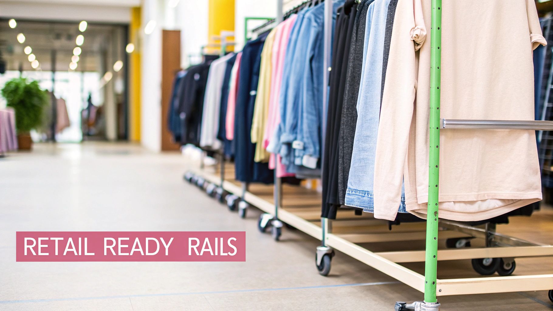 Clothing racks filled with diverse apparel in a bright retail environment, ready for display.
