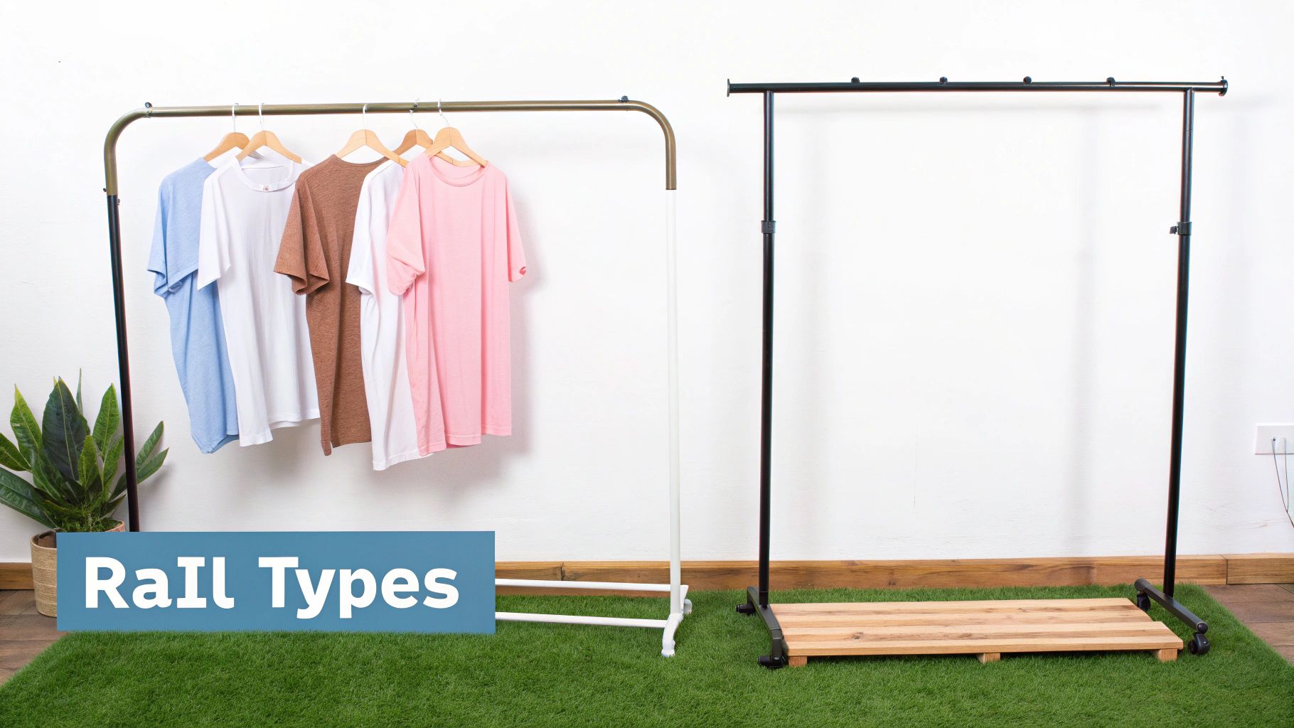 Two clothes rails, one displaying colorful t-shirts, standing on a green artificial grass floor.
