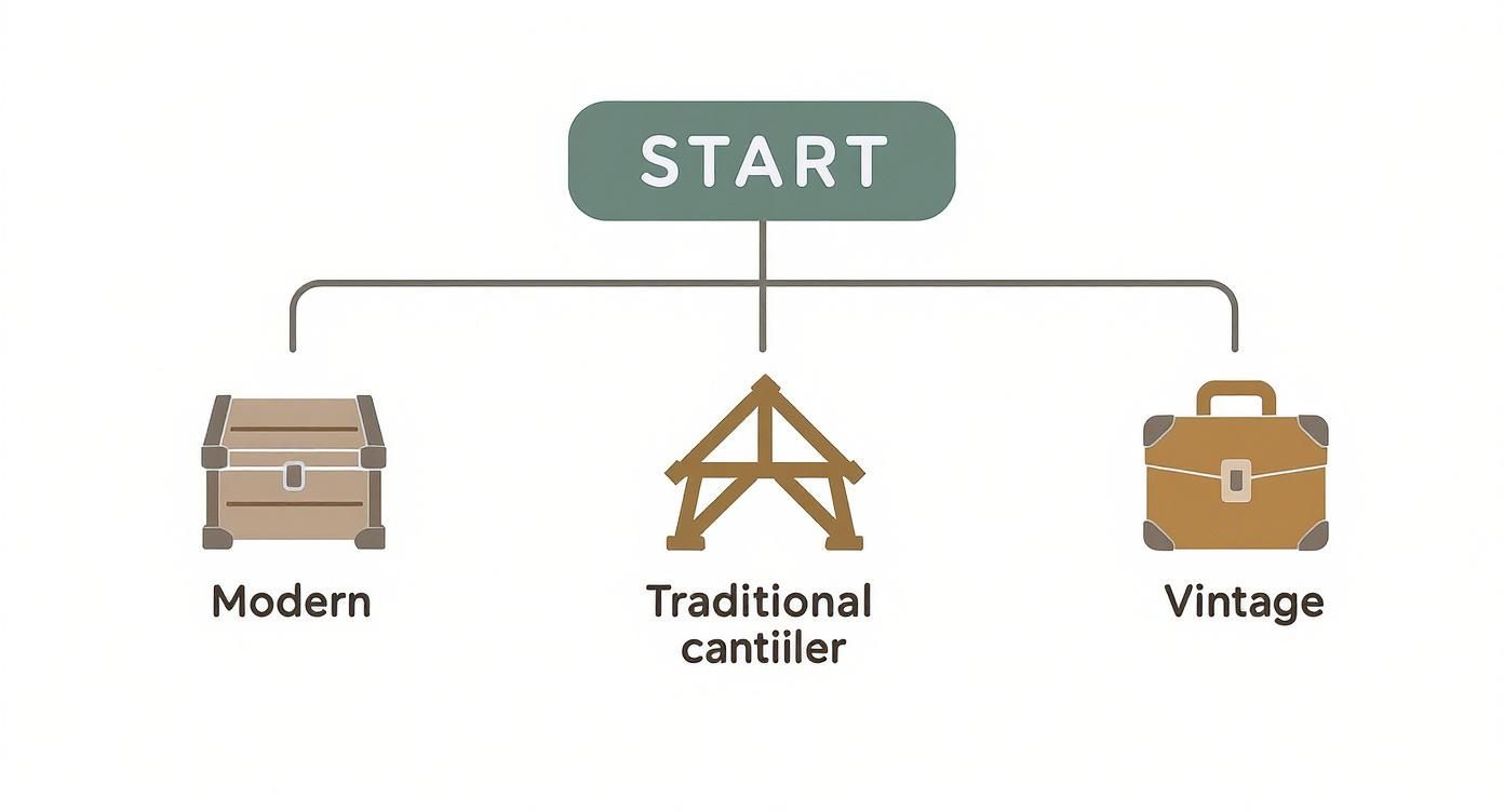 Diagram illustrating three design styles: Modern chest, Traditional cantilever, and Vintage briefcase, branching from a start point.