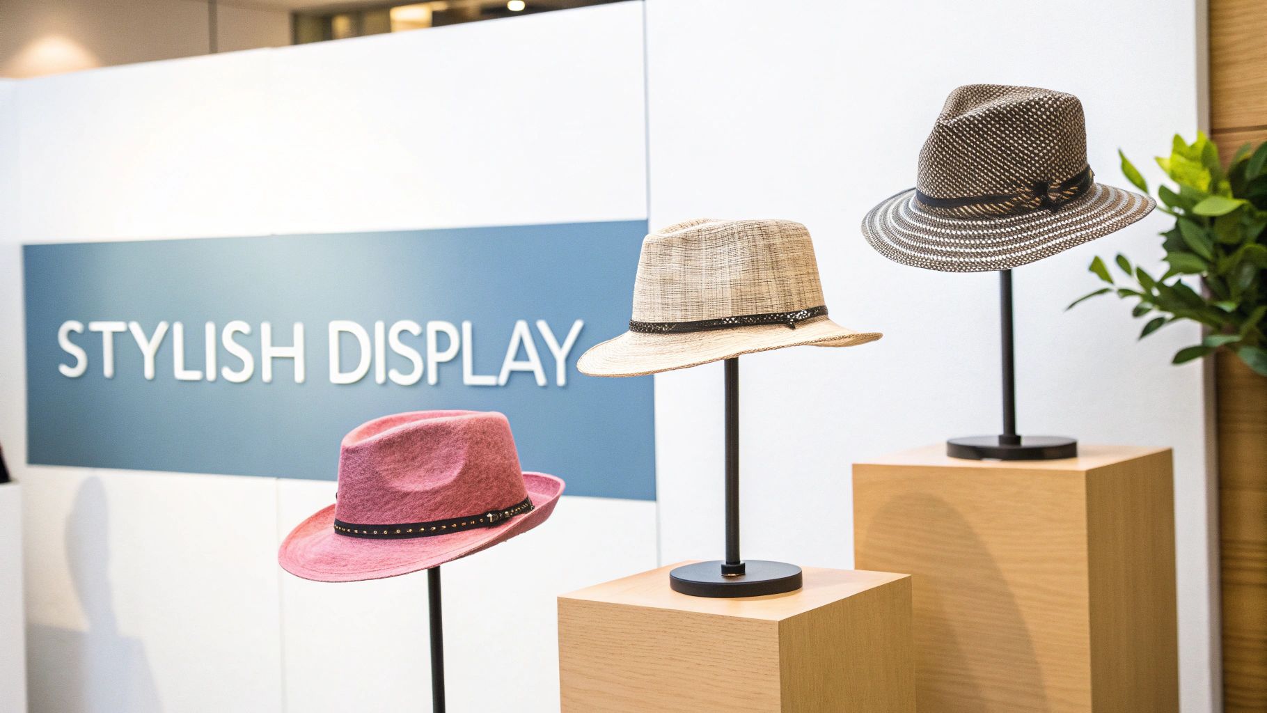 A trio of fashionable hats, including pink and straw, showcased on modern display stands.