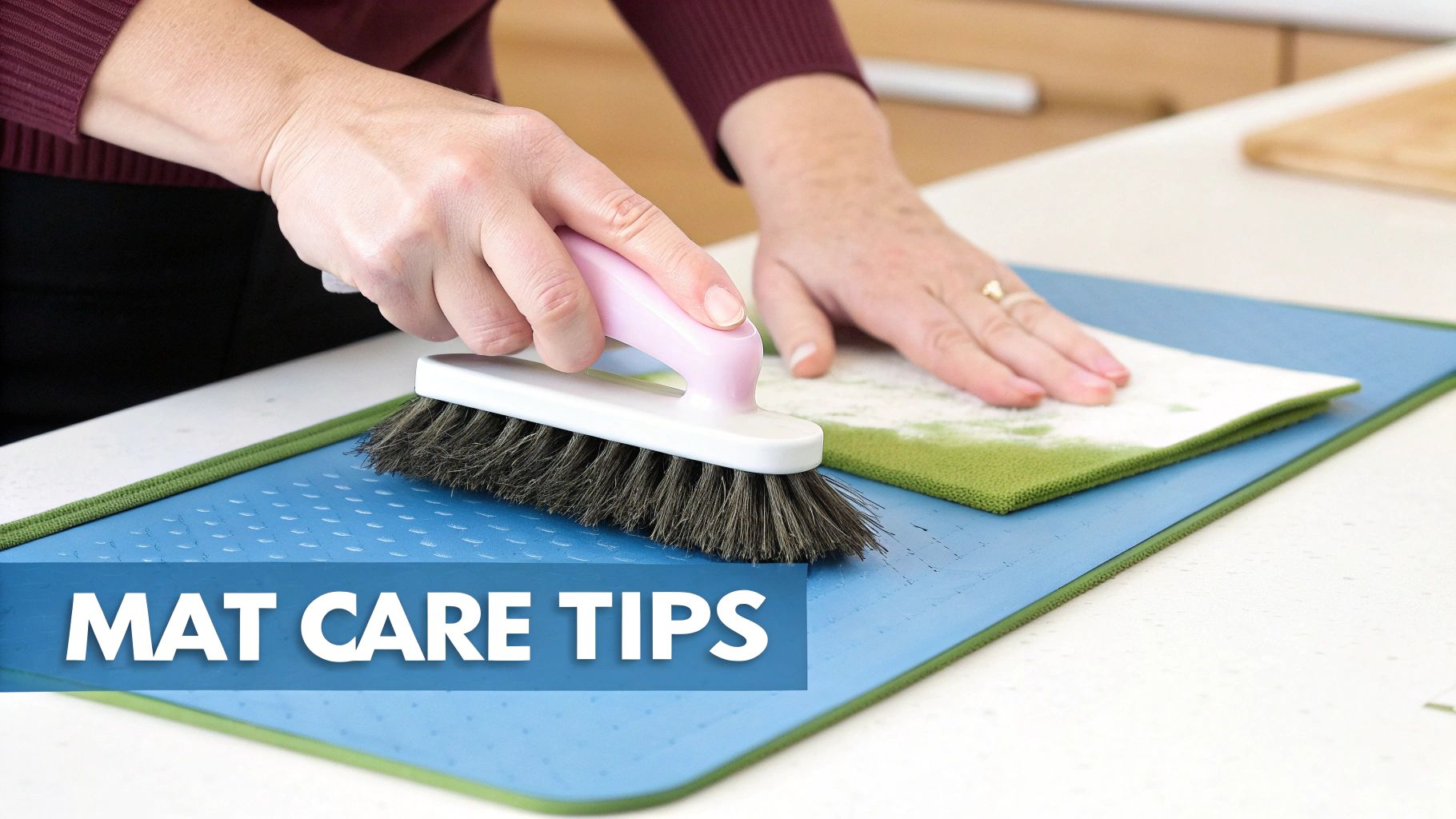 Person cleaning a blue crafting mat with a pink brush and a green cloth for mat care.