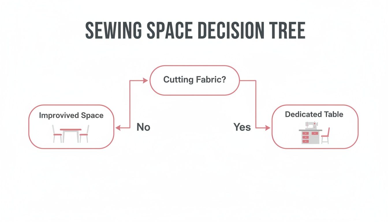 A sewing space decision tree flowchart. If cutting fabric, use a dedicated table; otherwise, an improved space.