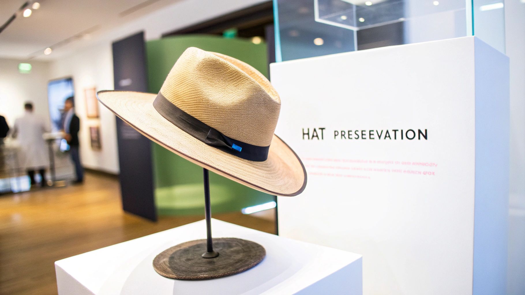 Close-up of a stylish metal hat stand displaying a classic fedora hat.
