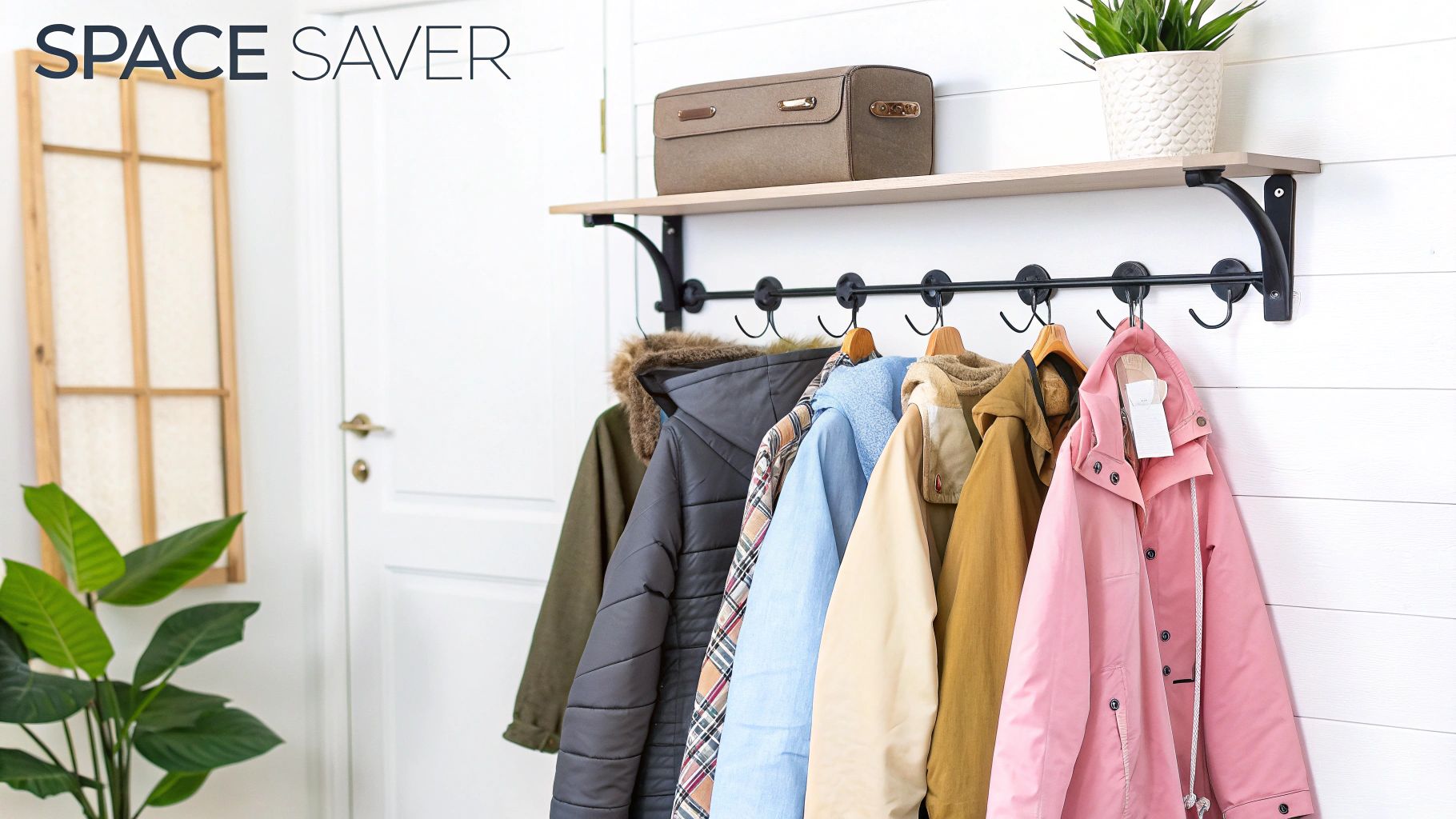A minimalist black wall mounted clothes rail displaying a curated collection of clothes in a modern bedroom.
