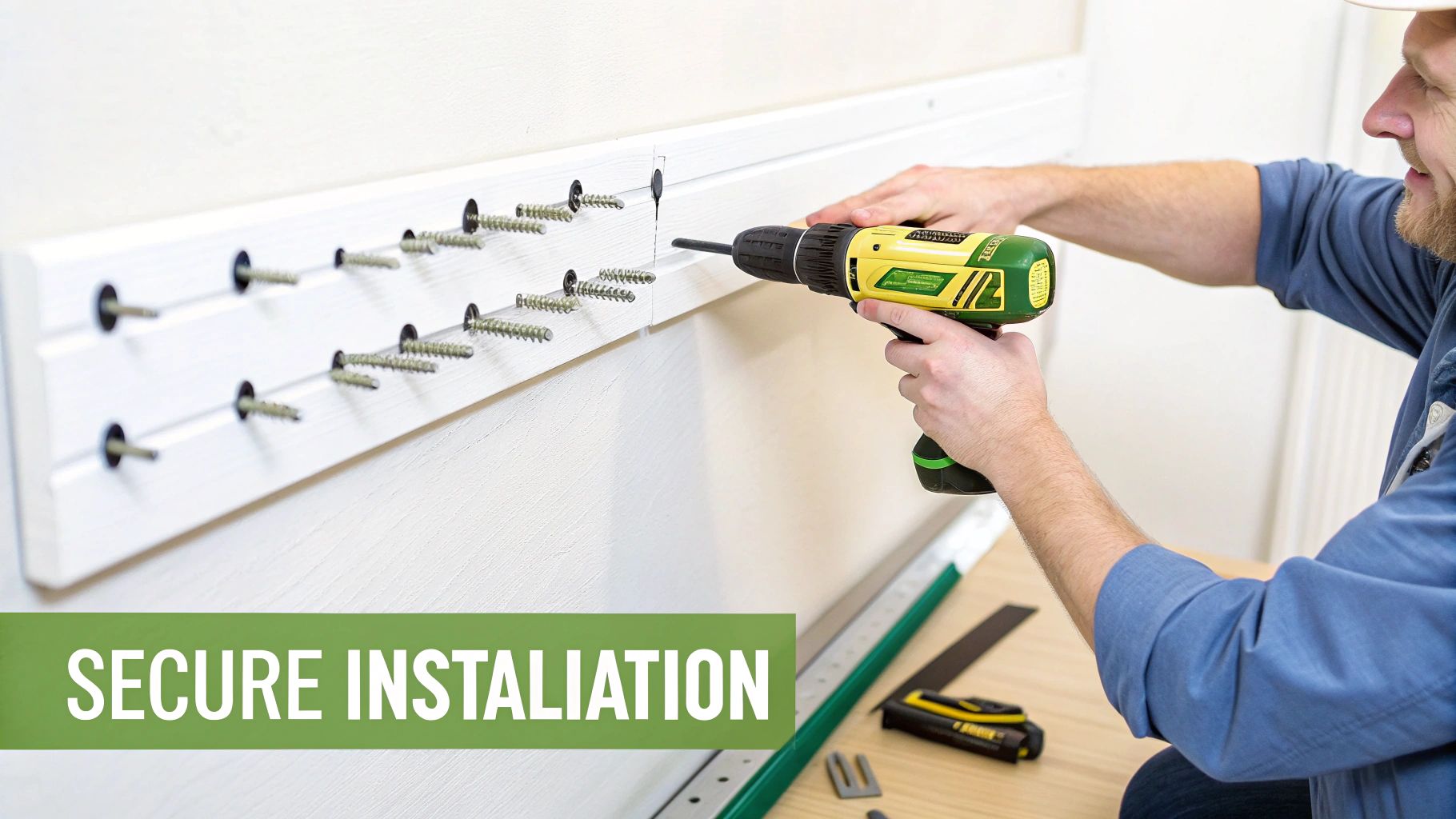 A person uses a power drill to install white wall-mounted brackets with many screws, ensuring a secure installation.