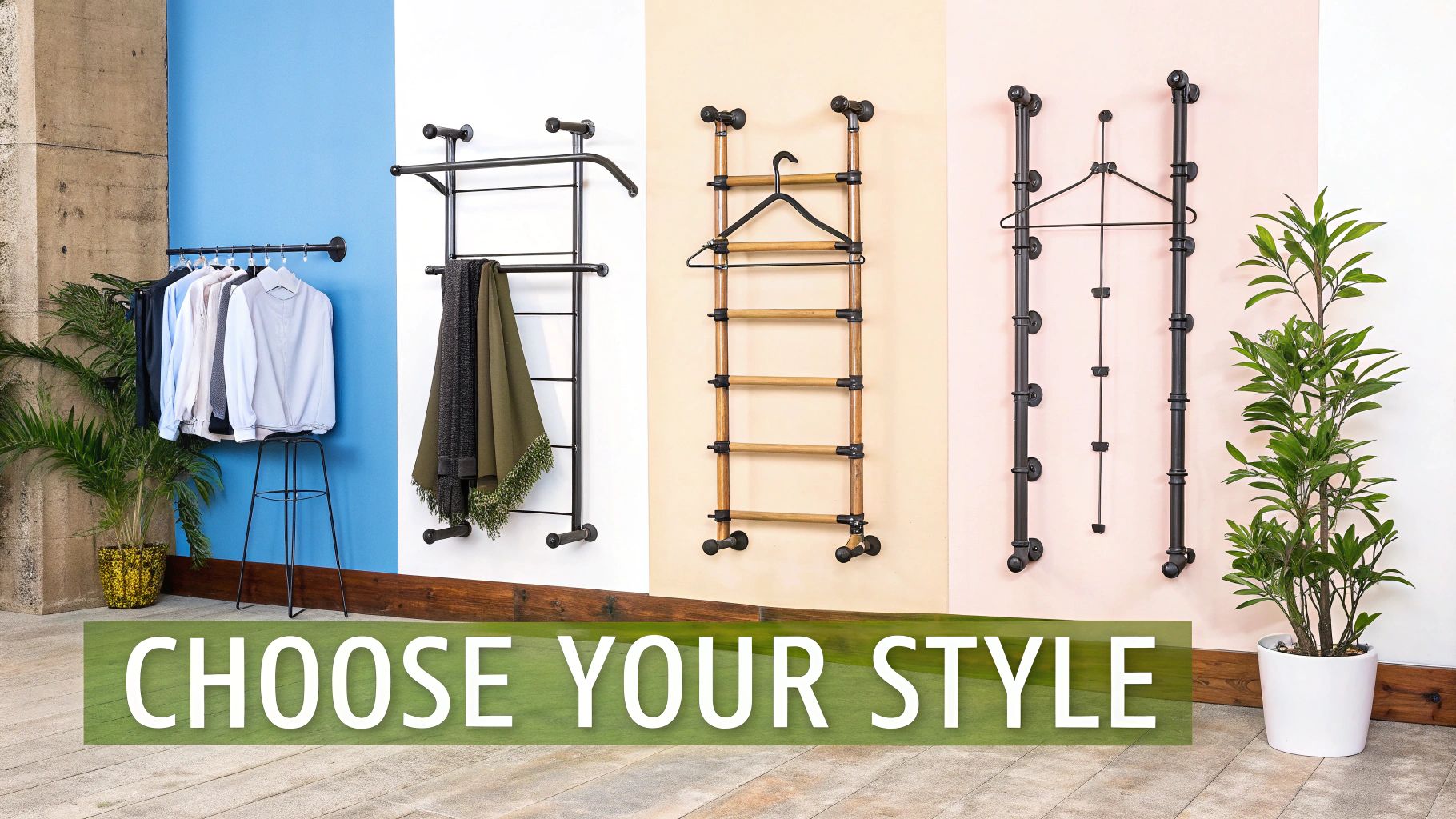 Several different styles of wall racks for clothes showcased in various room settings.