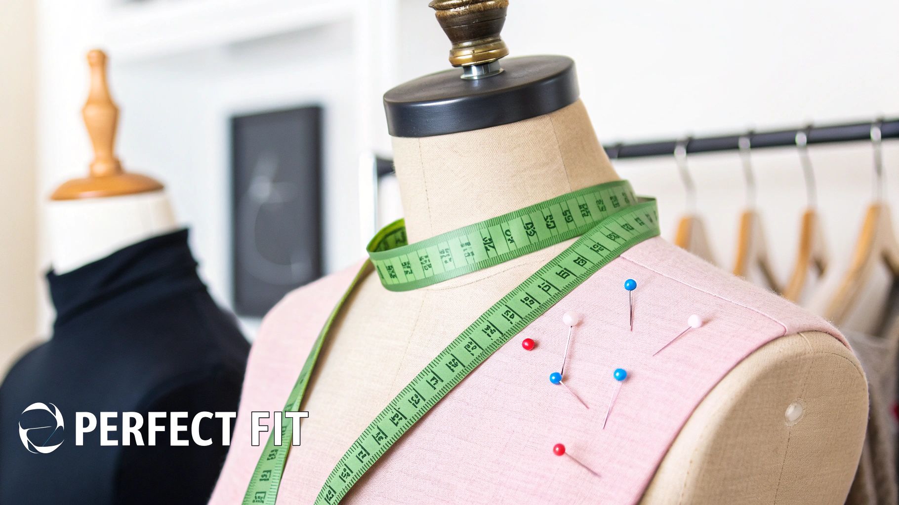 A tailor's mannequin with a pink garment, measuring tape, and colorful pins, ready for fitting.