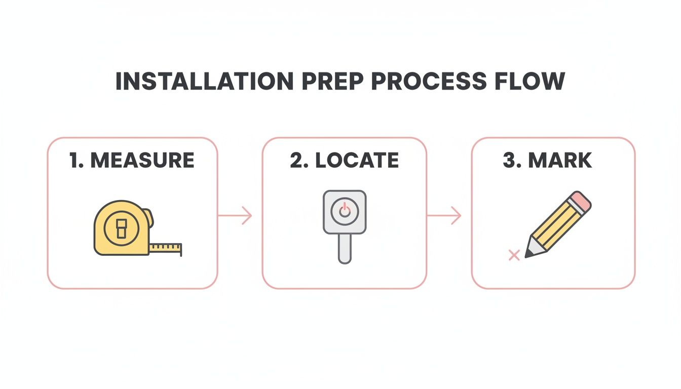 Installation prep process flow diagram illustrating three steps: measure, locate, and mark with tools.