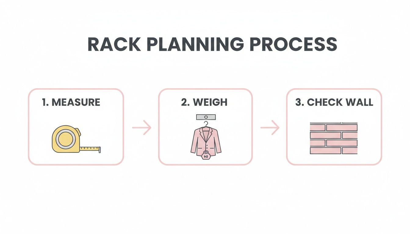 Diagram outlining the three-step rack planning process: measure, weigh clothes, and check wall.