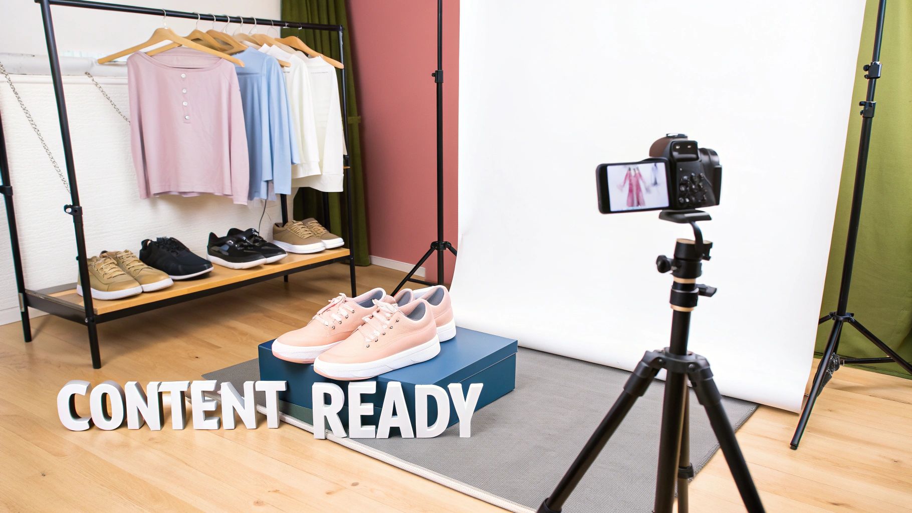A woman taking a photo of shoes on a display rack with her smartphone