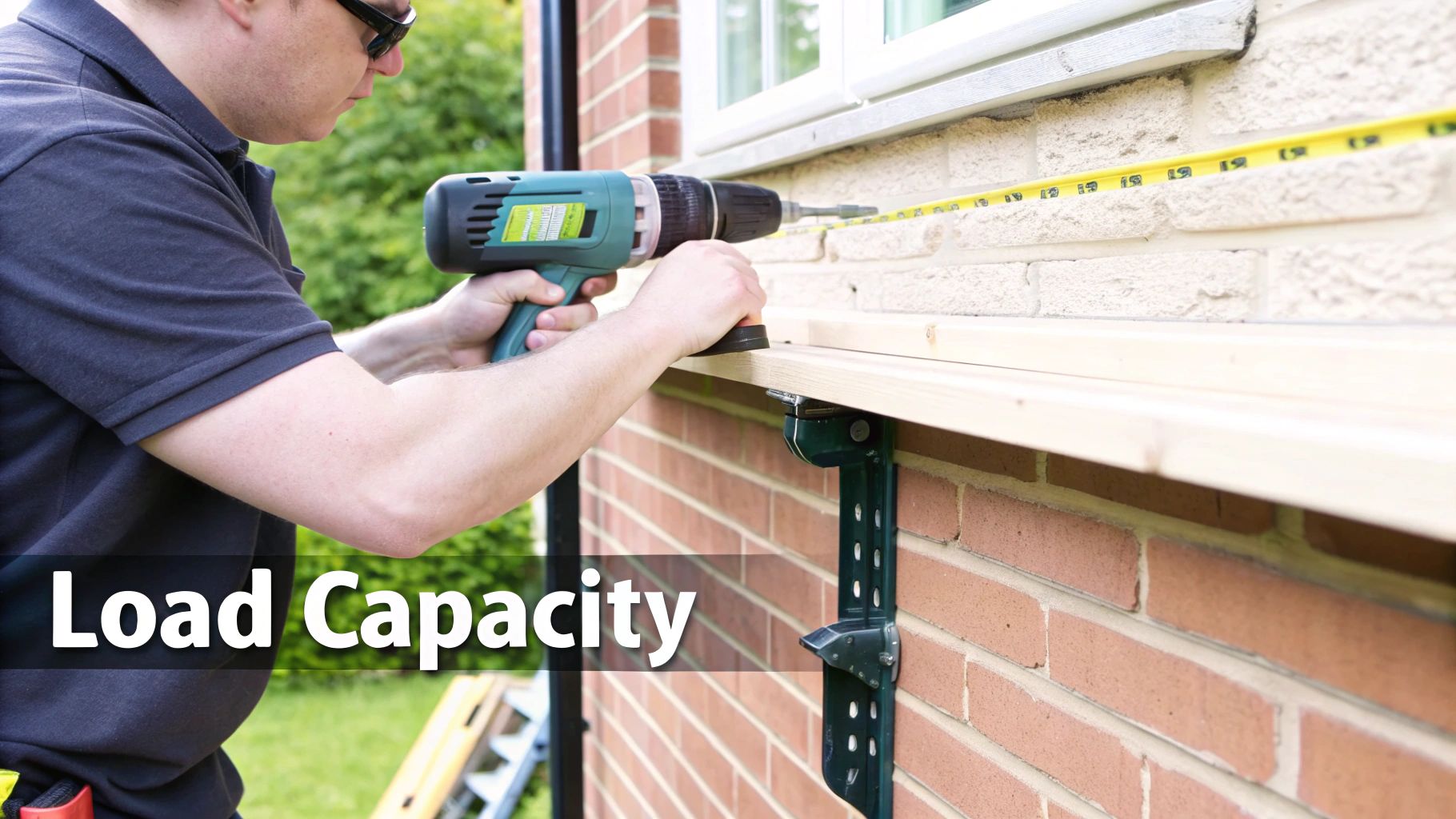 Close-up of a person marking a wall with a pencil and level before installing a hanging rail.