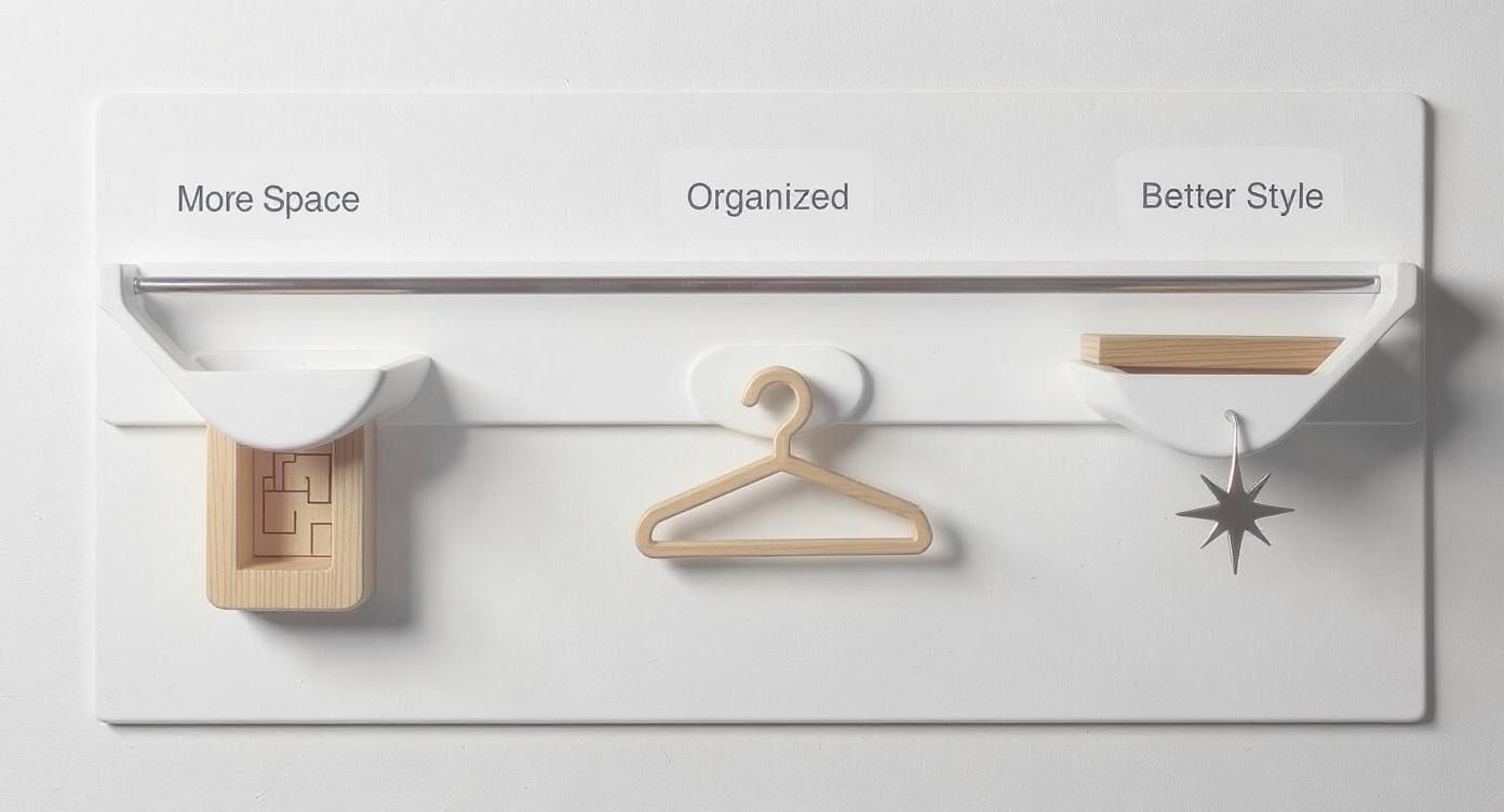 Infographic showing the benefits of wall racks which are more space, better organization, and improved style.