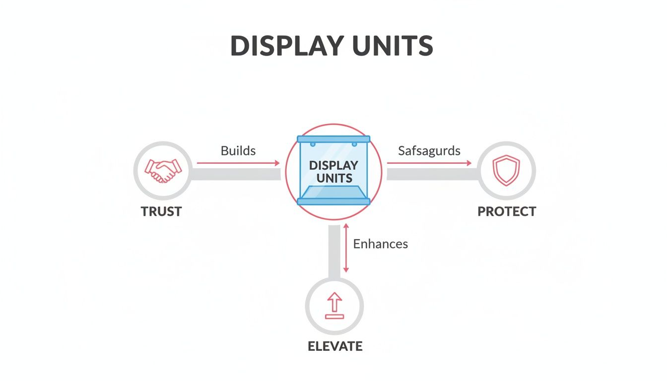 A diagram illustrates display units building trust, safeguarding assets, and enhancing elevation in a process flow.