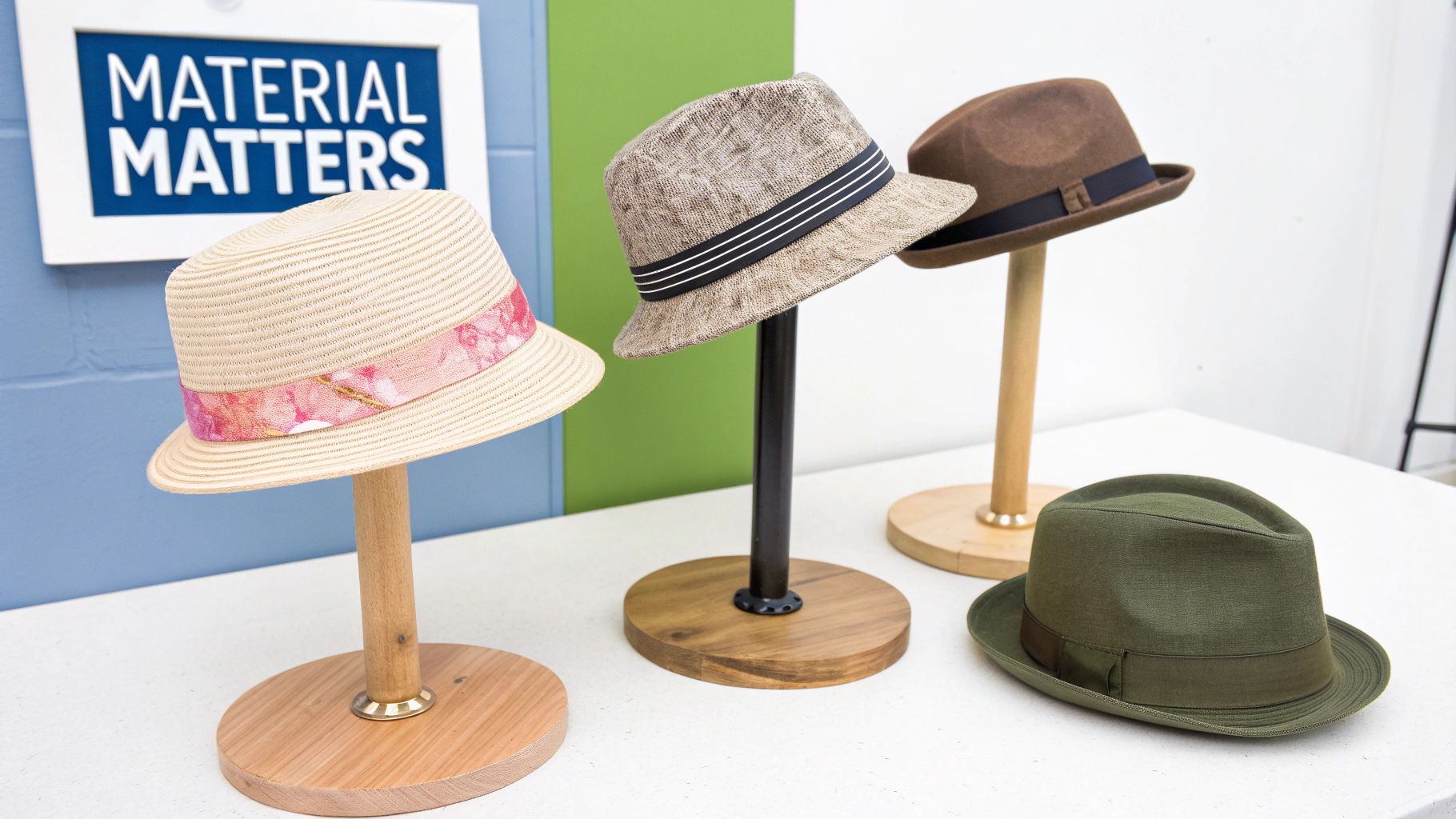 A wooden hat stand displaying a brown fedora hat on a white surface.